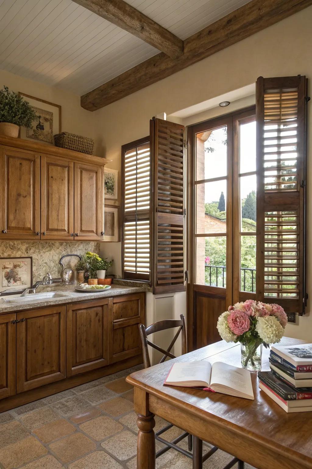 Interior window coverings offer sophistication and privacy control.