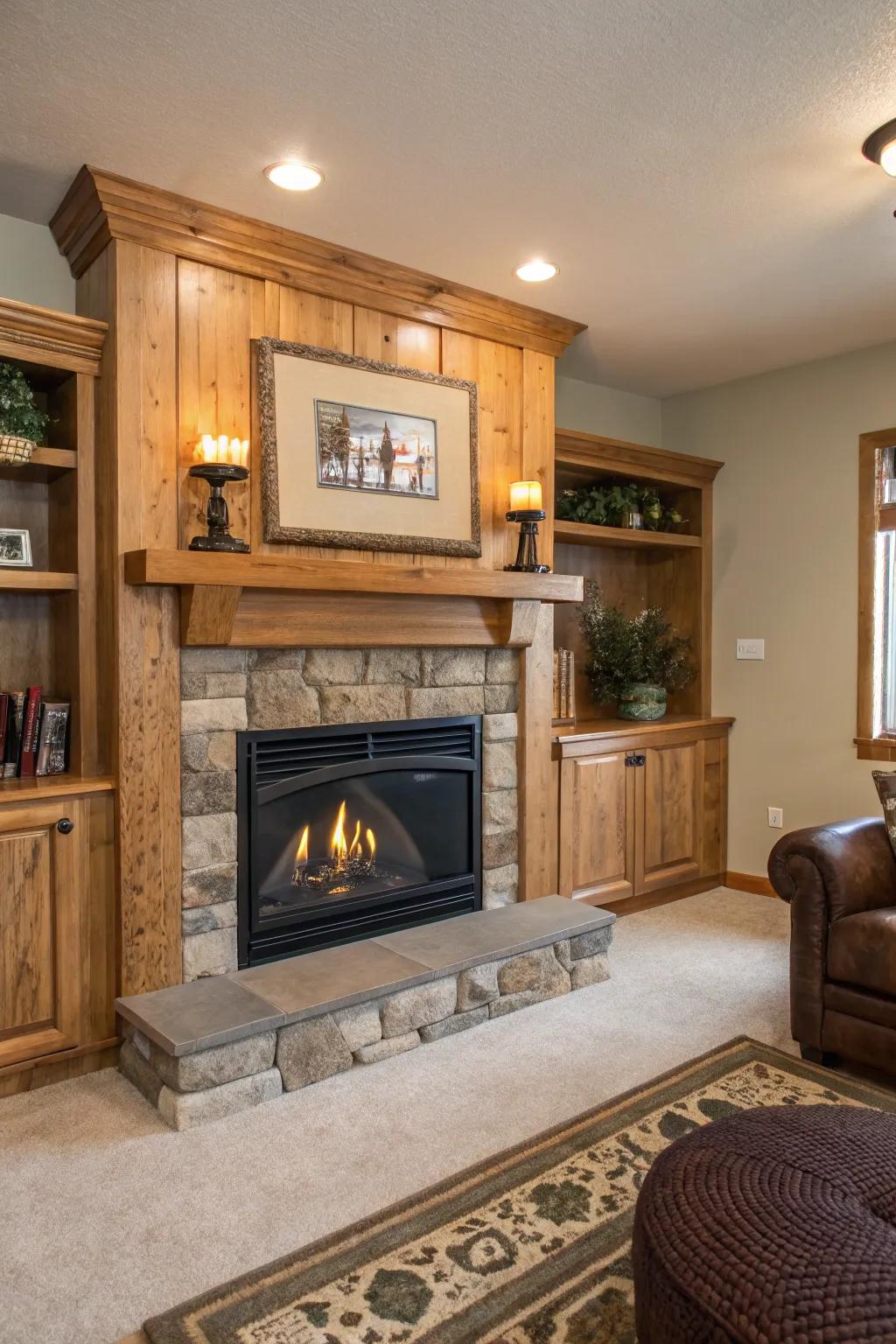 A living space showcasing a propane fireplace with innate wood highlights.