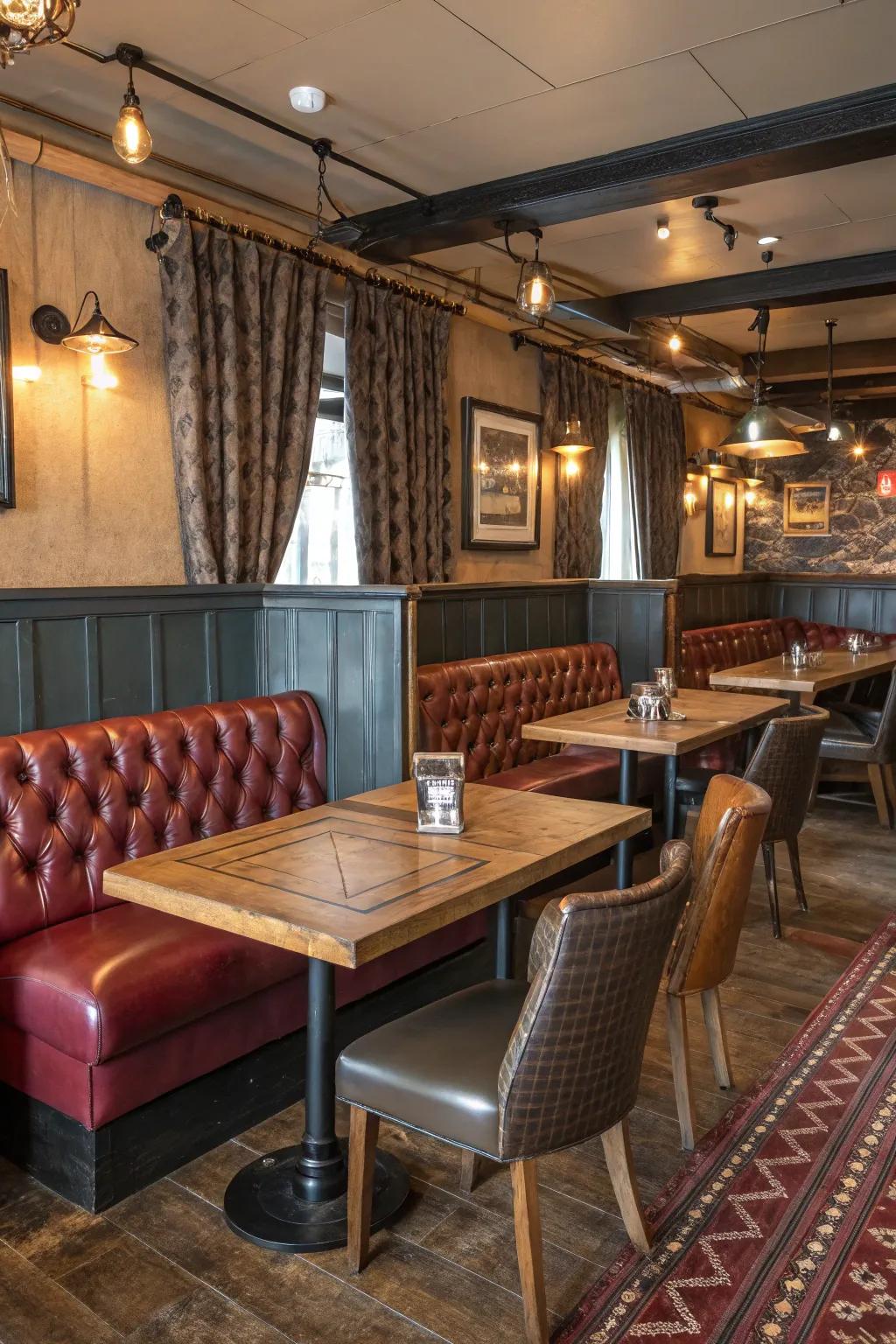 Varied materials create a rich and layered pub atmosphere.