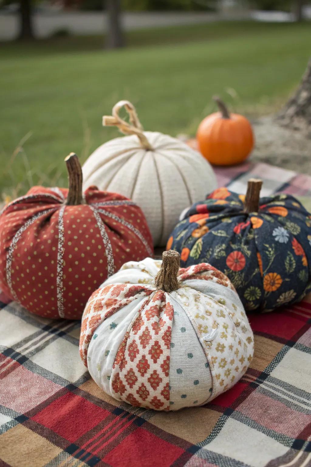 Material-enclosed pumpkins deliver warmth and texture.