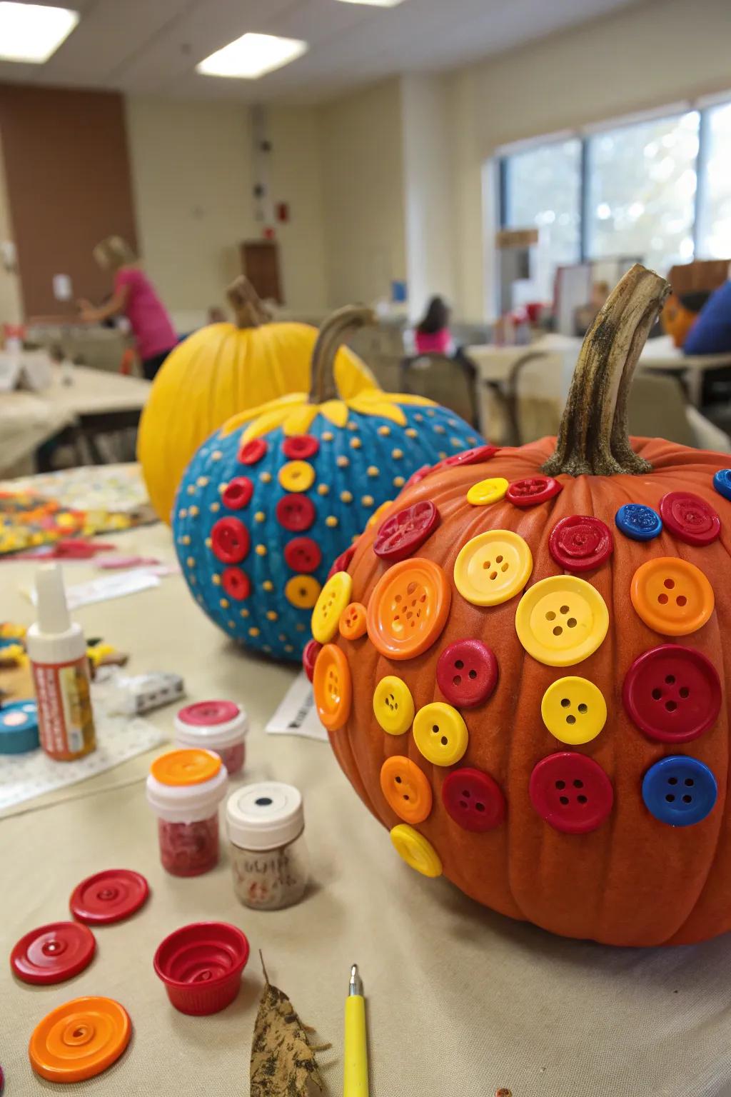 Pumpkins adorned with a spectrum of fasteners.