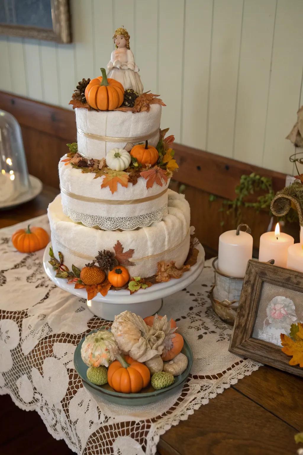 Vintage pumpkin diaper cakes are perfect for a romantic, old-world feel.