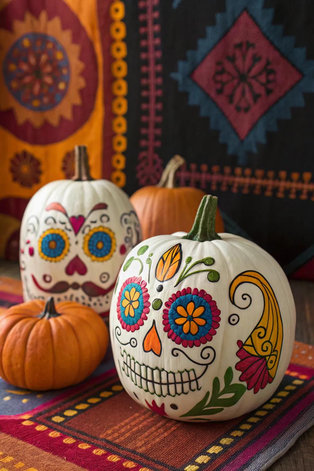 Honor culture with Day of the Dead sugar skull pumpkin designs.