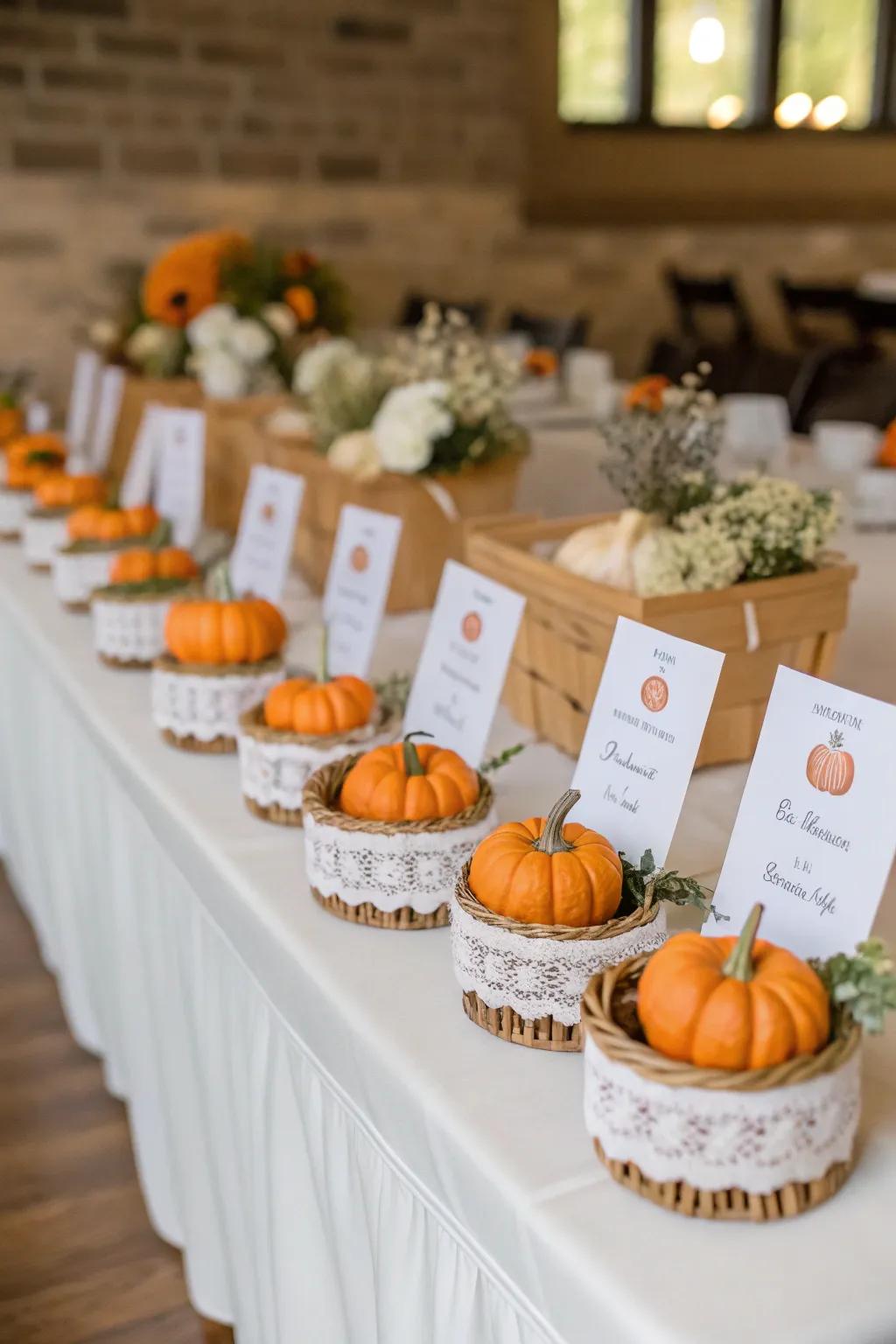 Mini squashes creatively used as escort cards for guests.