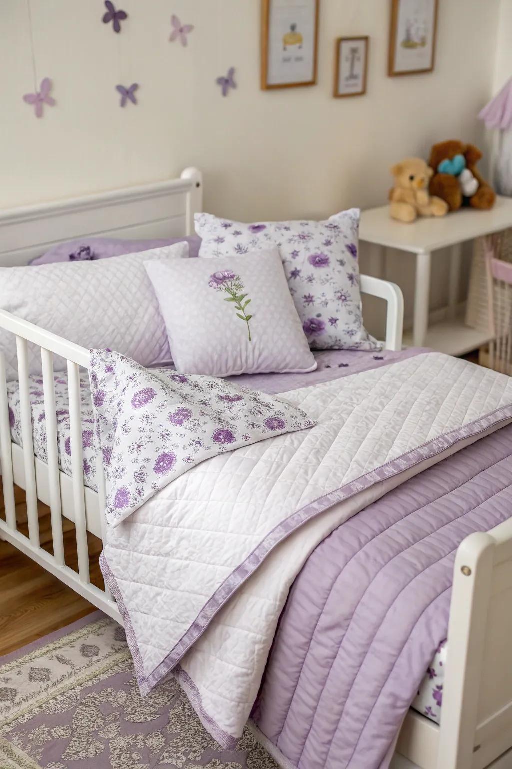 Discrete violet bedding touches harmonize the area.