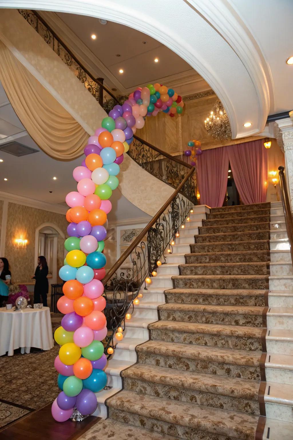 Balloon wreaths make stairways welcoming and celebratory.
