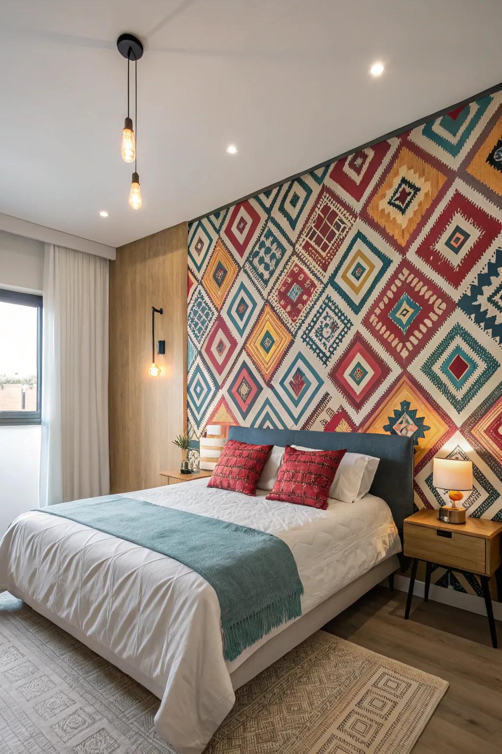 Striking wallpaper functioning as a vibrant feature wall.