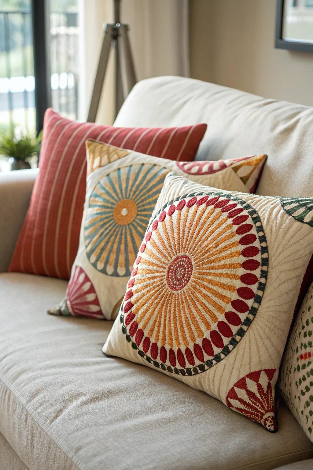 A welcoming couch embellished with pillows exhibiting radial pattern themes.