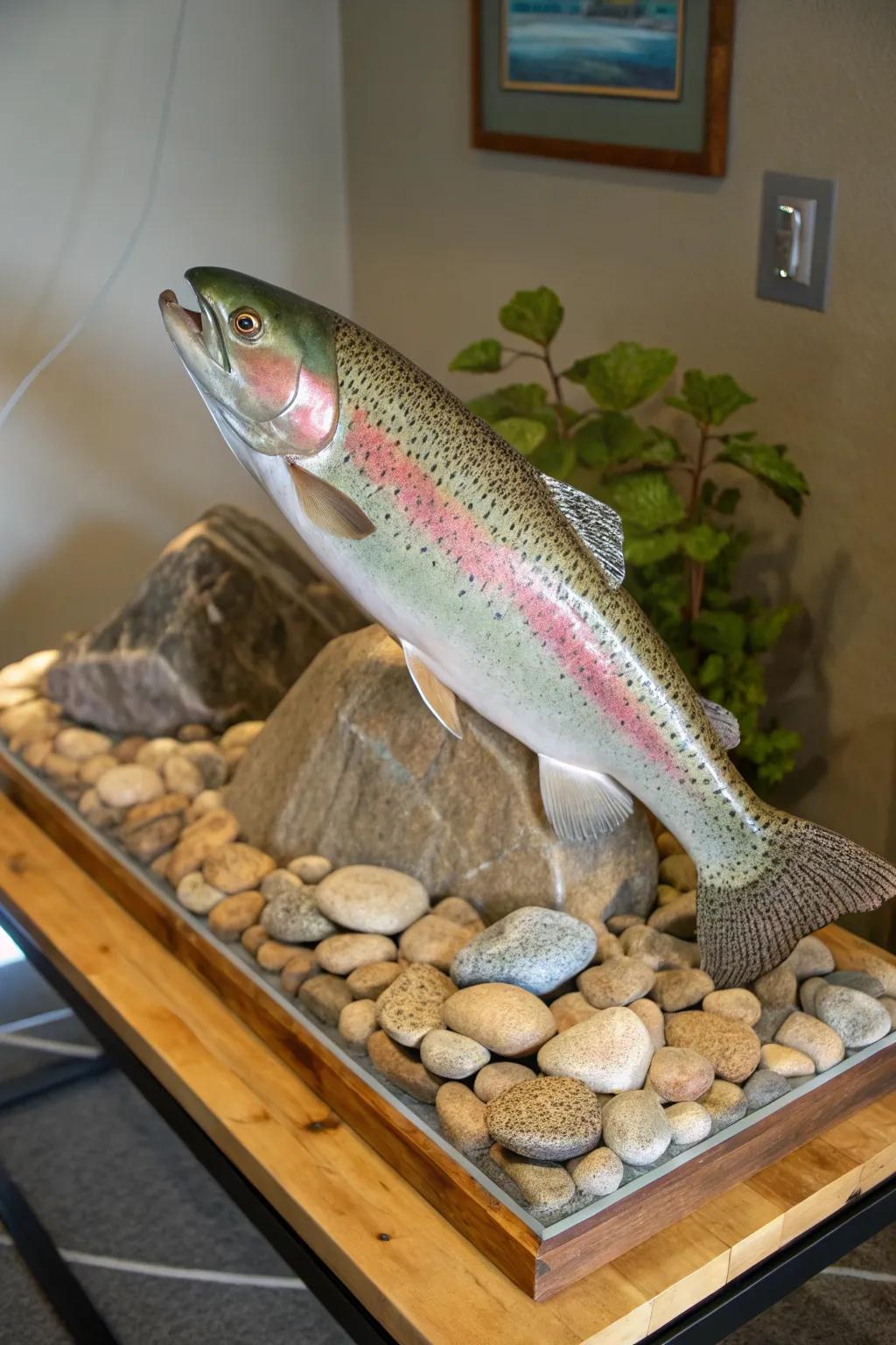 Natural rocks enhance the authenticity of the rainbow trout mount.