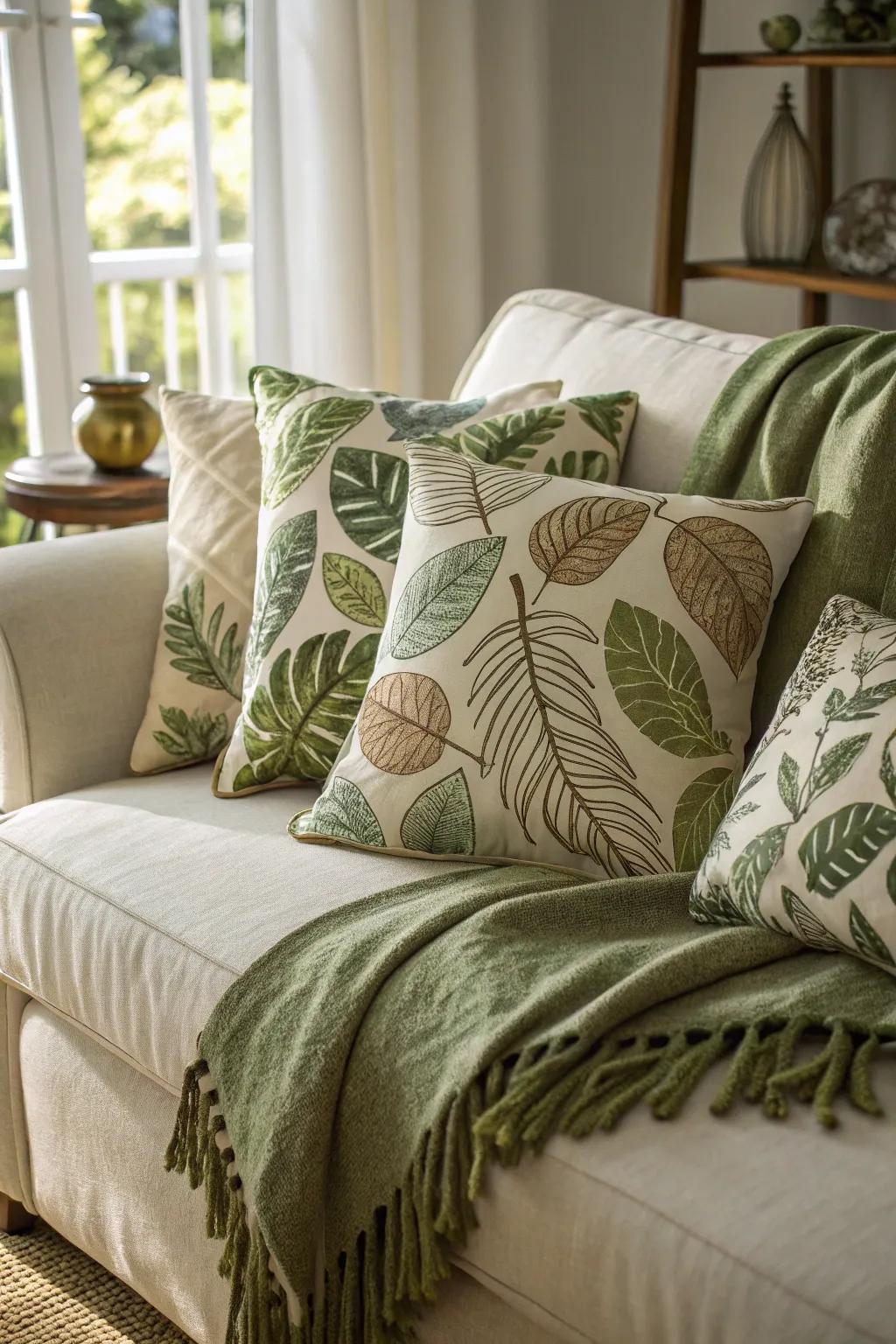 Foliage-inspired fabrics contribute coziness and cohesion to your ornamentation.