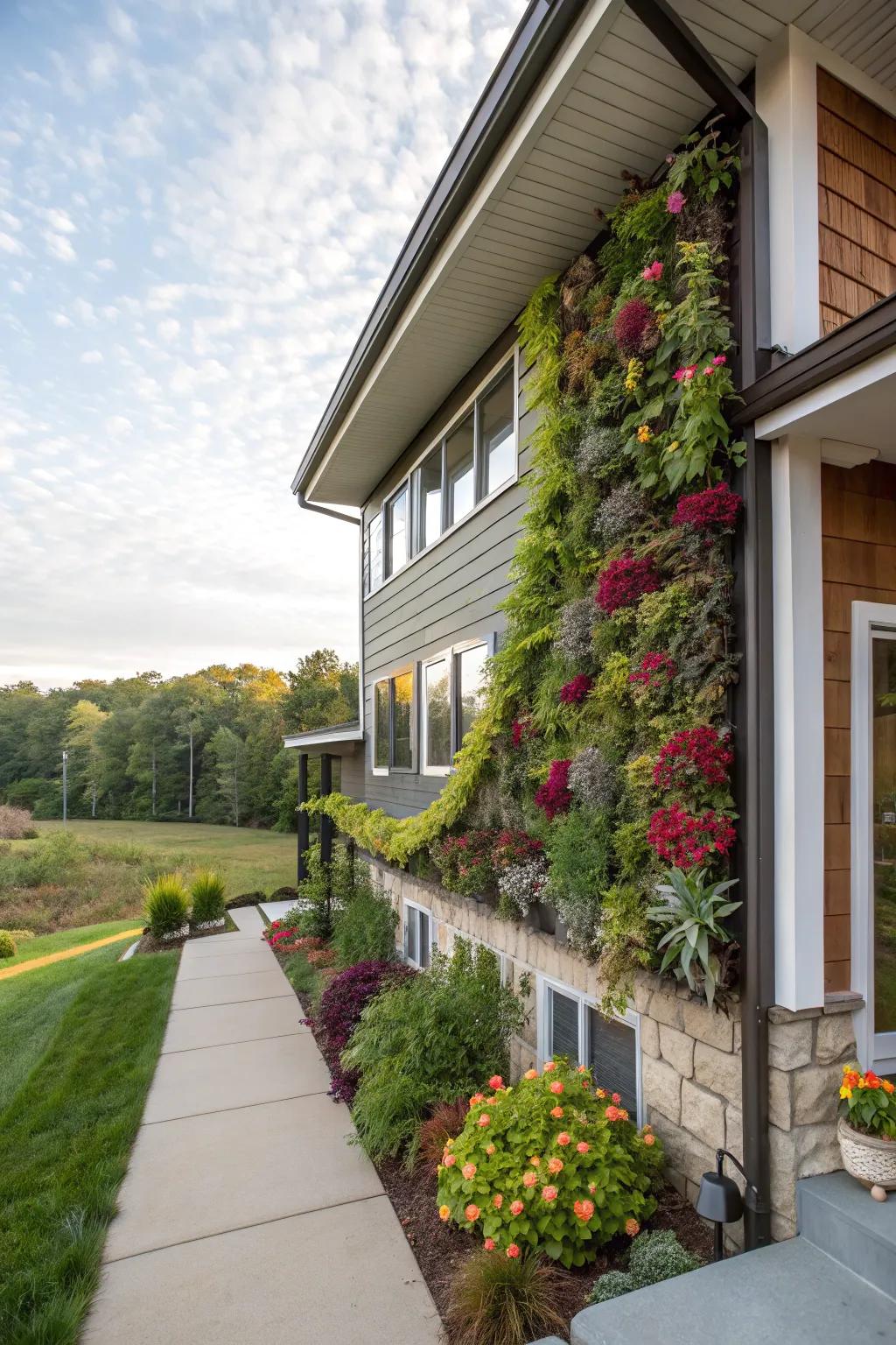 A vibrant vertical garden infusing verdure into the exterior of a raised ranch.