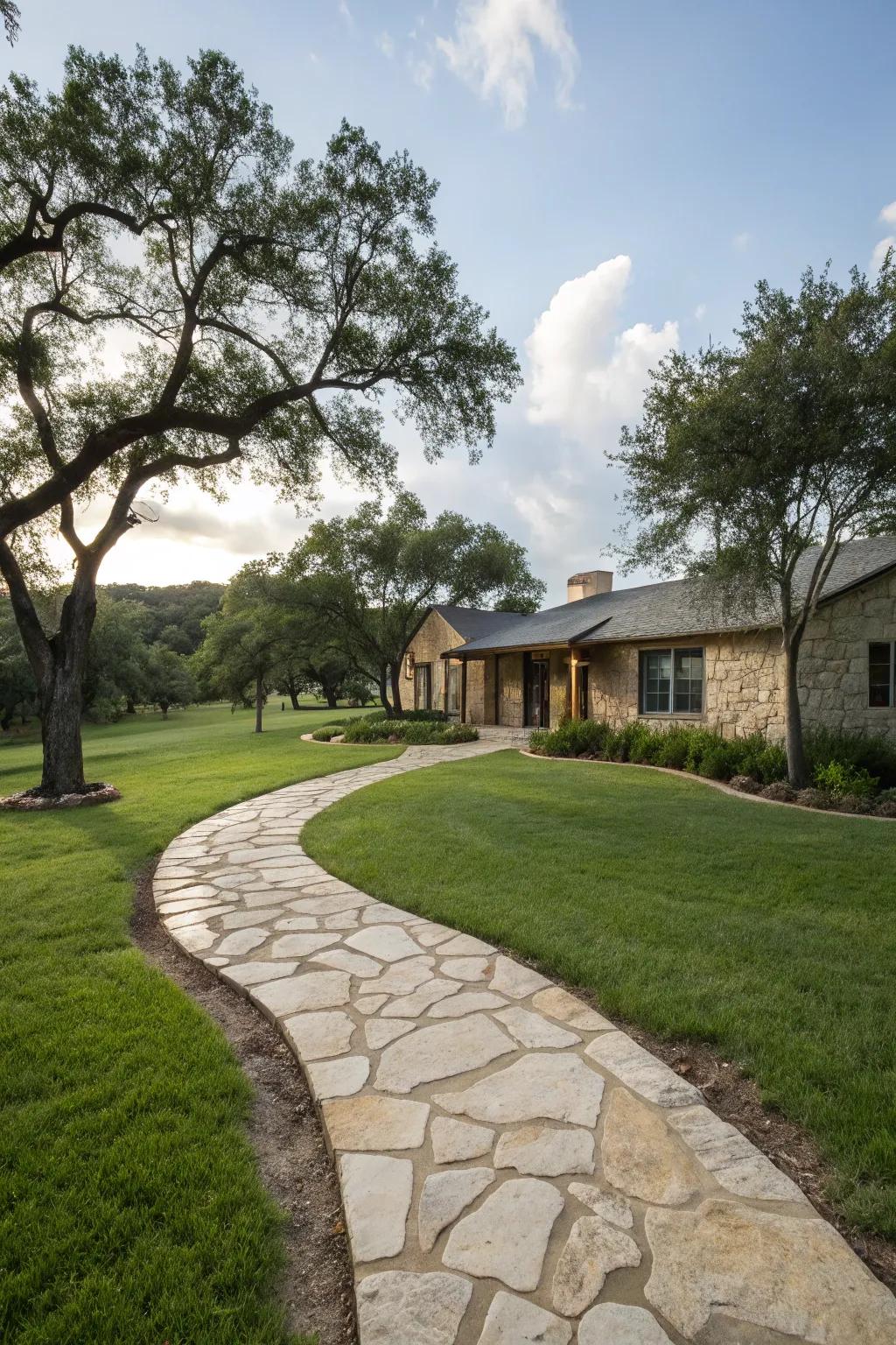 A winding stone pathway adds texture and guidance.