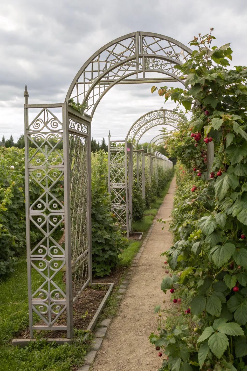 A metal trellis introduces a contemporary element to a raspberry garden.