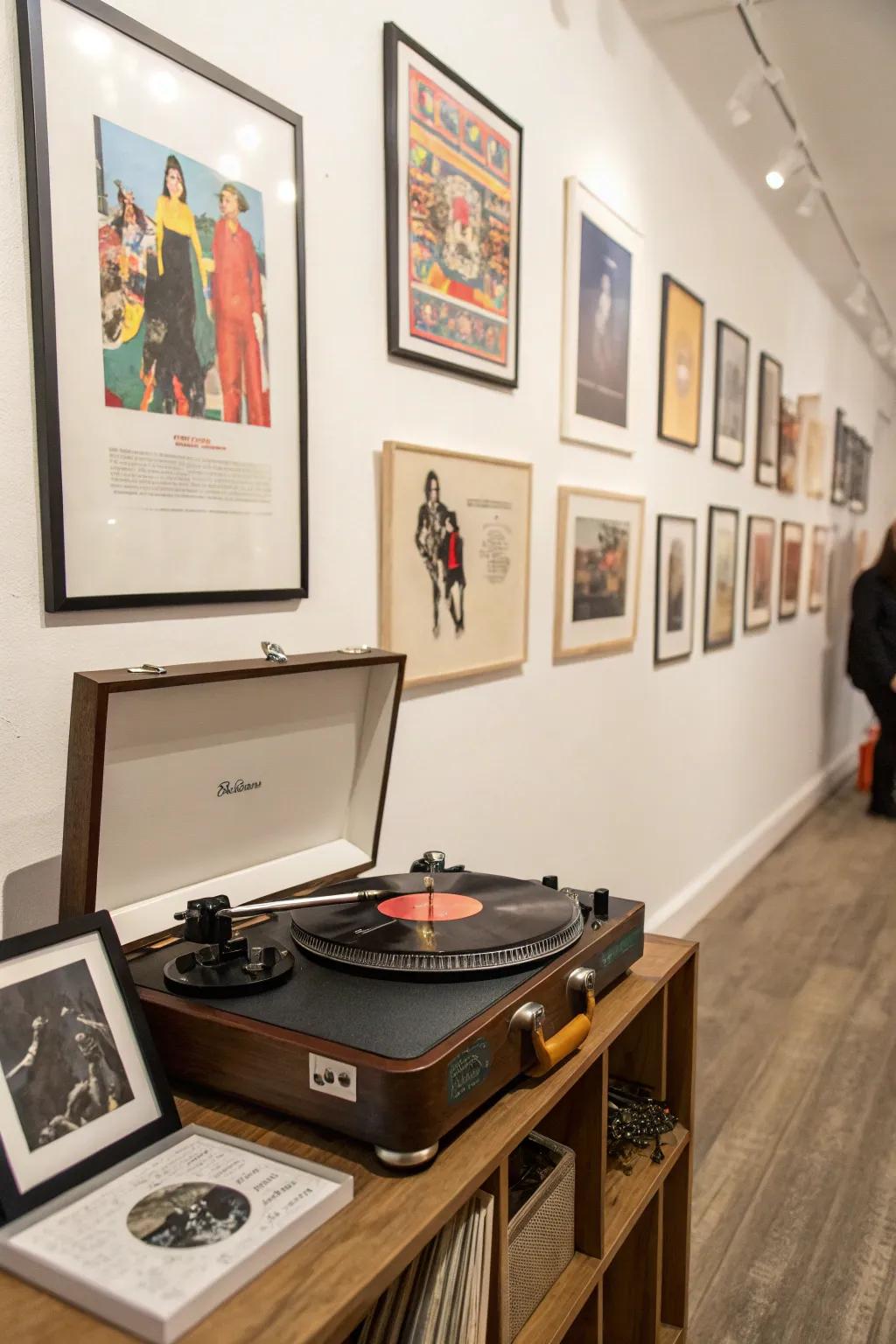 Artistic gallery wall that features a record player space.