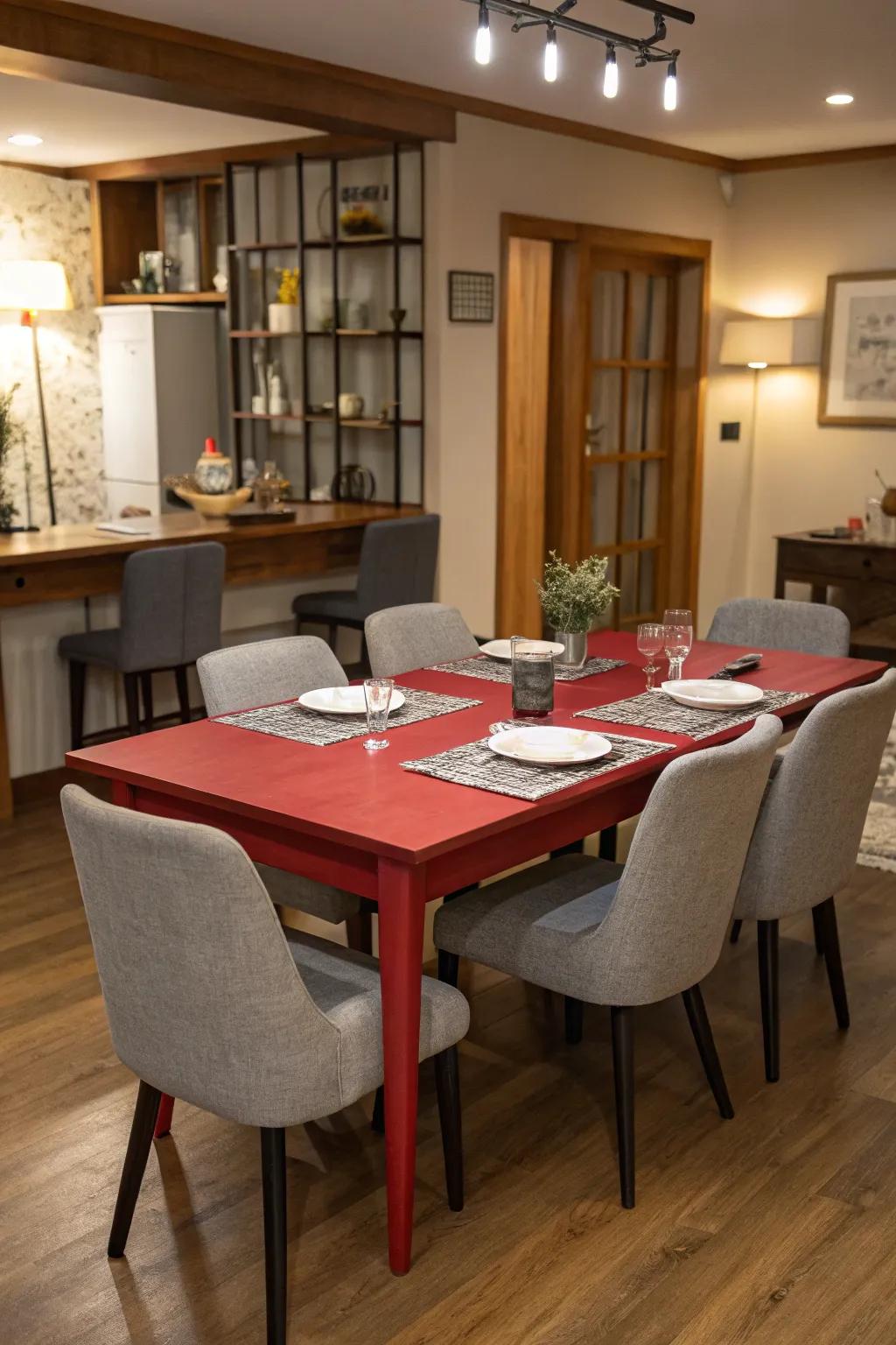 A dining space showcasing a red table and grey chairs.