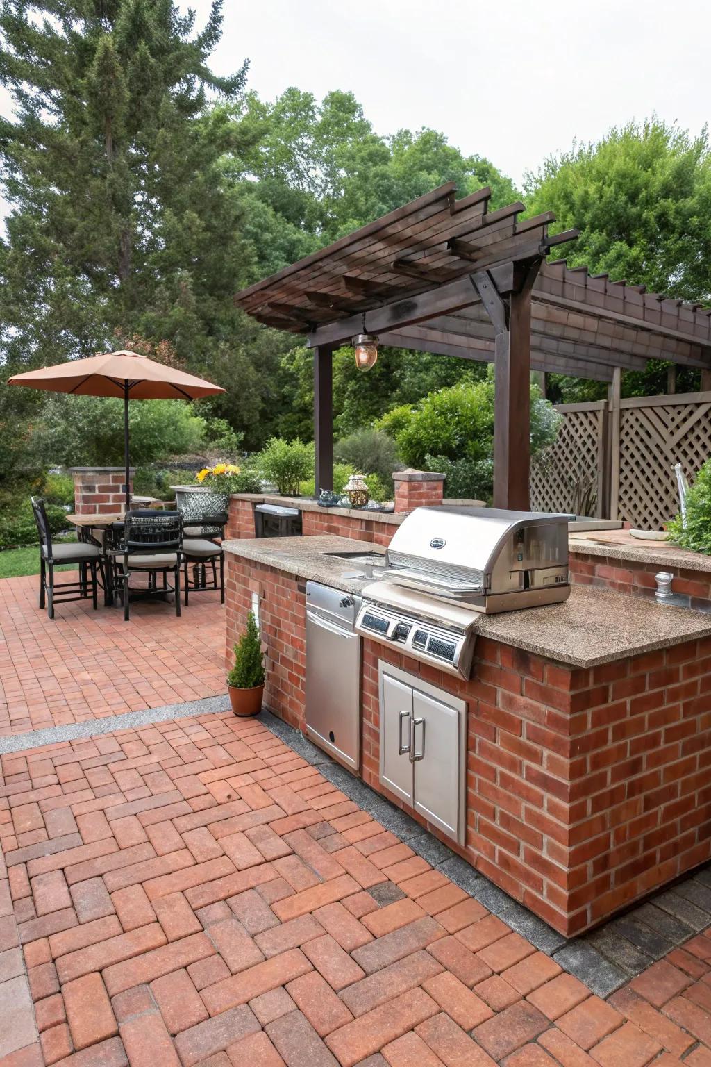 A red brick patio showcasing a fashionable outdoor cooking area arrangement