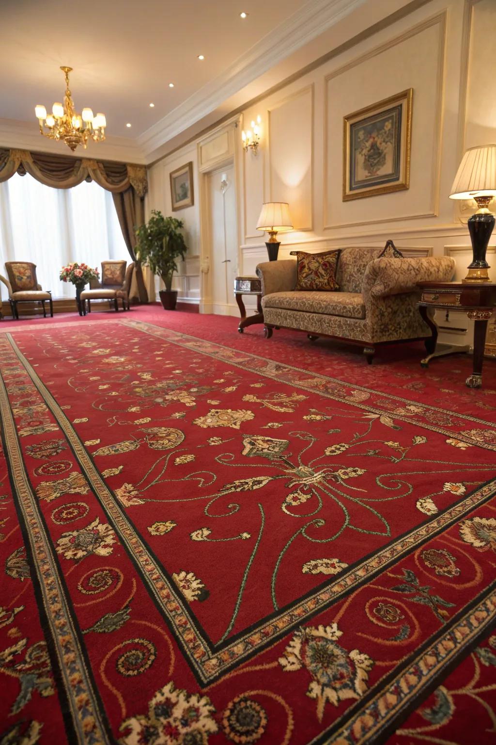A scarlet floor covering with complex motifs serving as the lounge's artistic centerpiece.