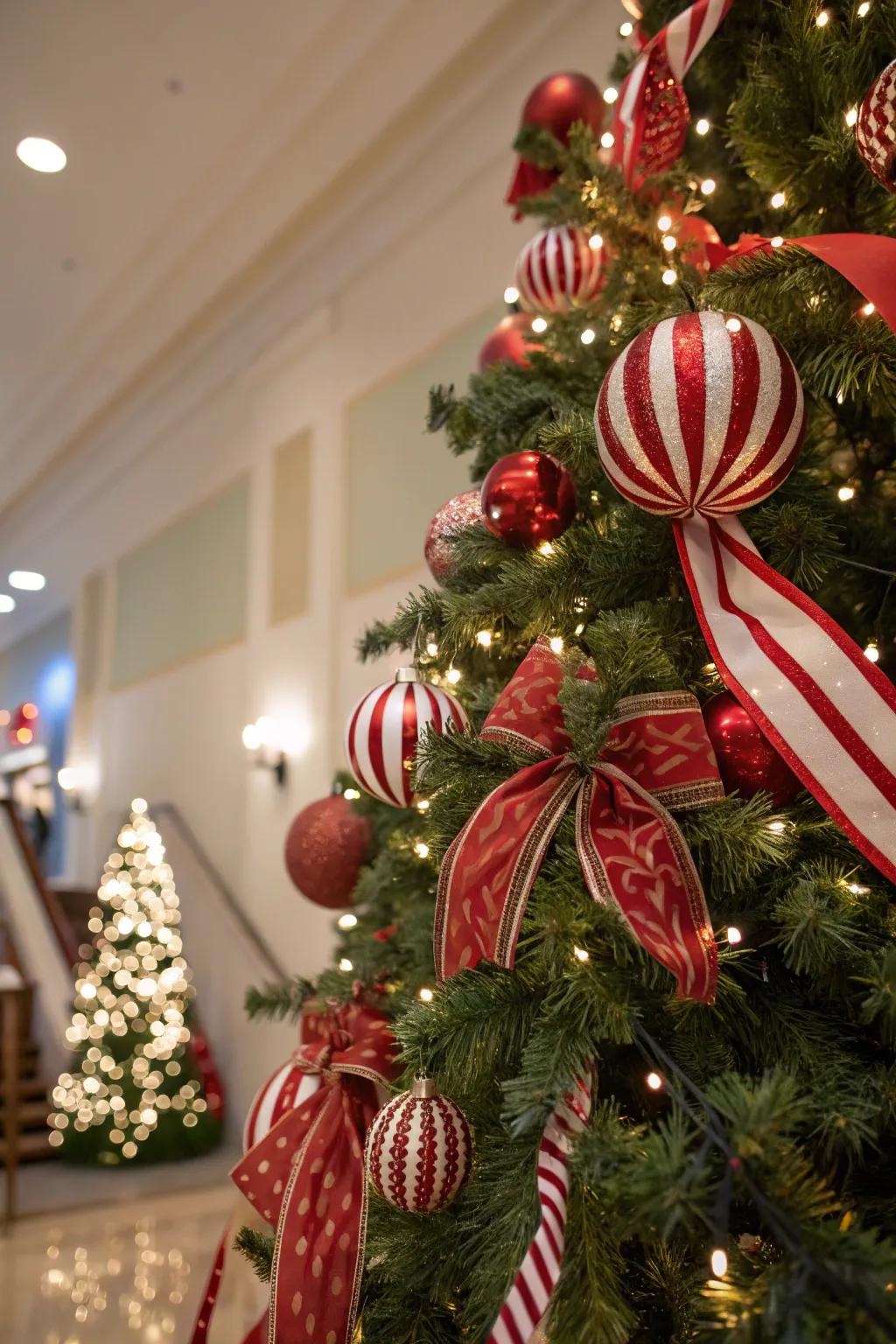 A whimsical sugar stick-themed Christmas tree.