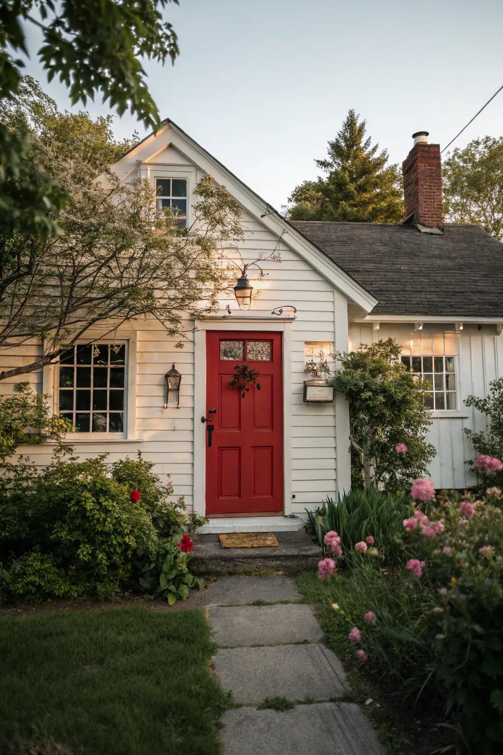 Charming cottage showcasing a red entrance and vintage touches.