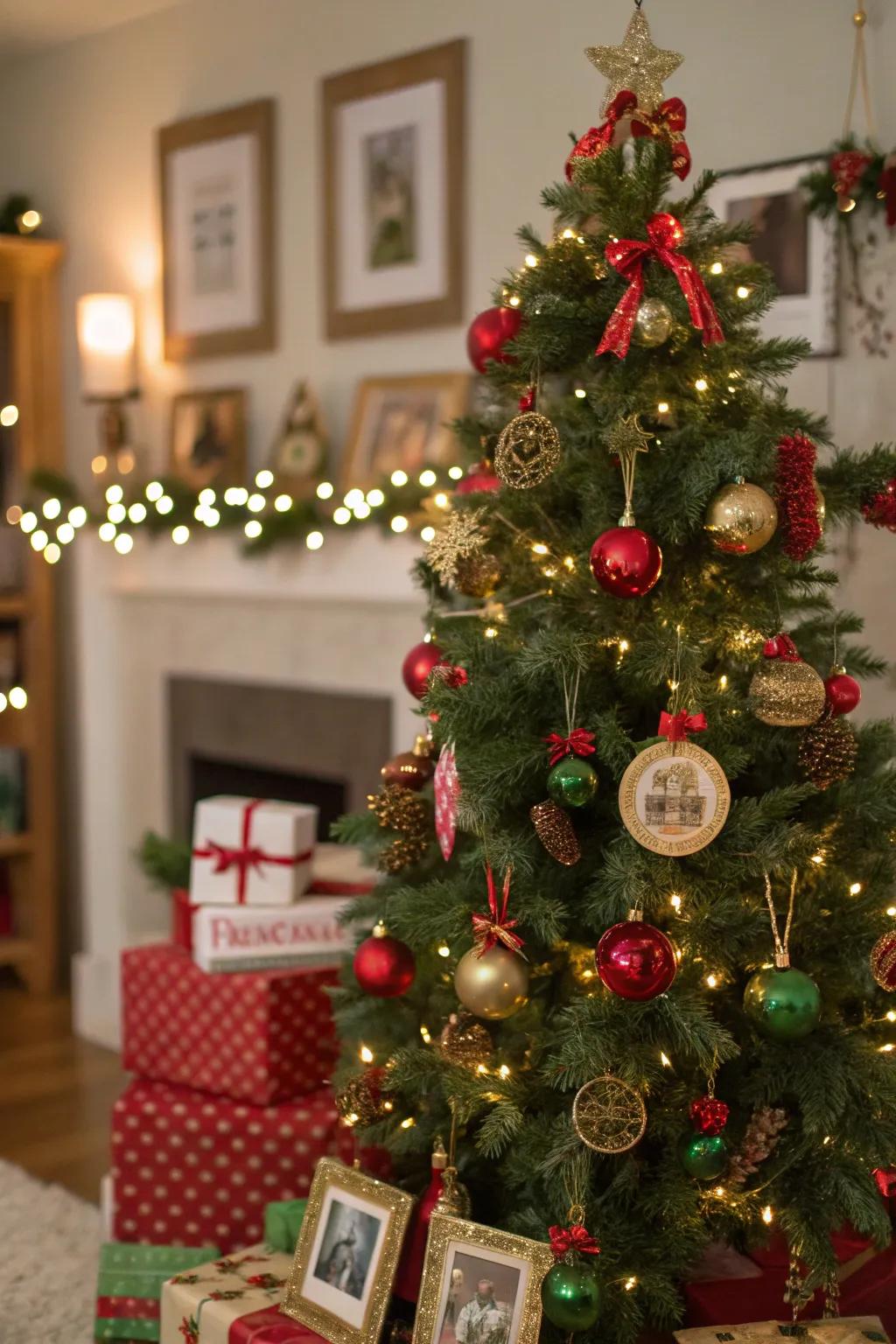 Sentimental ornaments inject a personal touch into the festive decor.