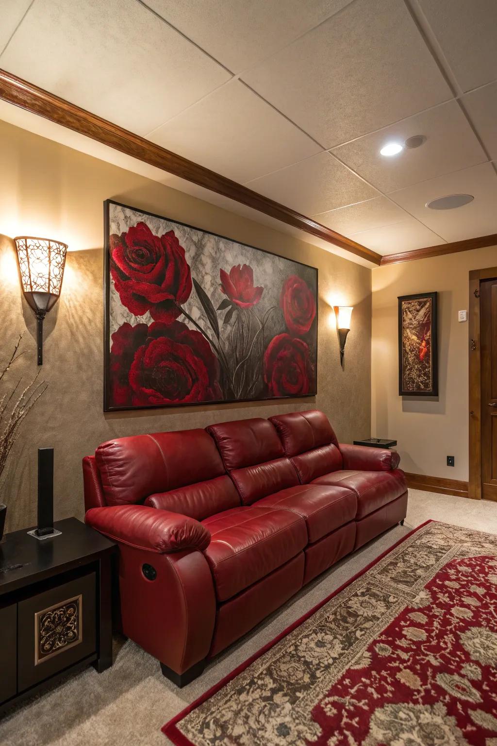 Striking wall art can render your scarlet hide settee the focal point of the space.