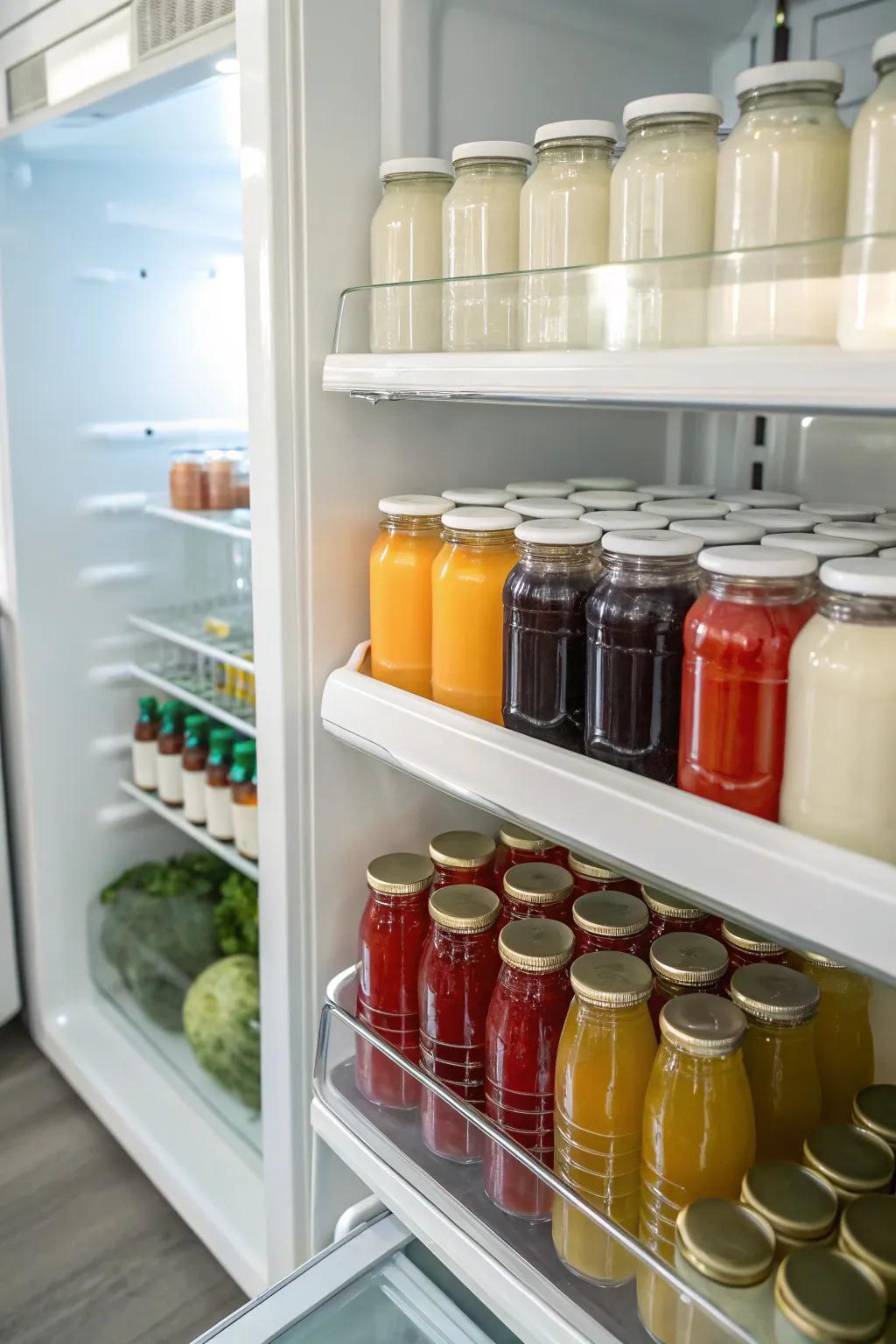 Consistent jars and bottles create a neat, cohesive appearance.