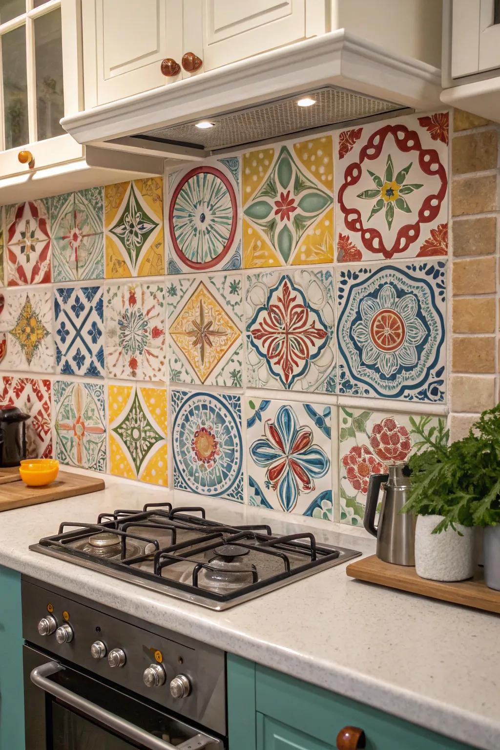Colorful textured tiles contribute a playful element to the cooking area.