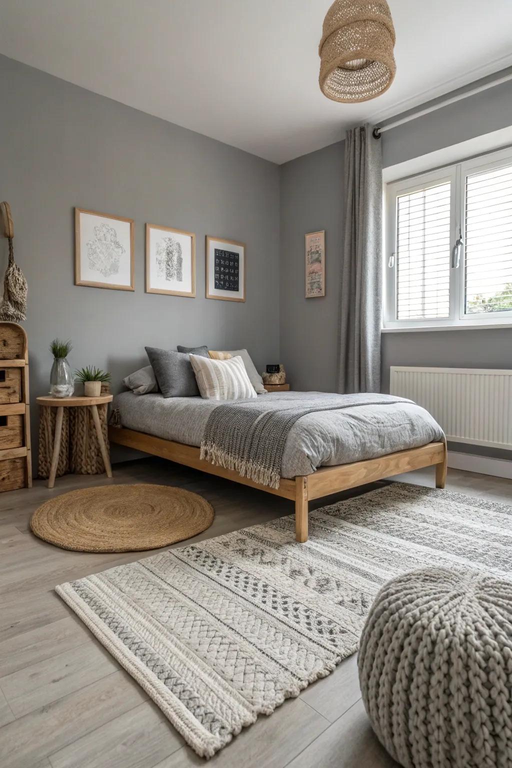 Layered rugs enhance the cozy ambiance of a repose gray bedroom.