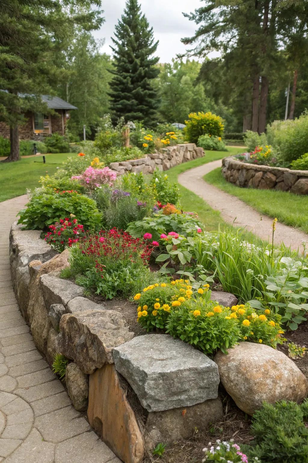 Elevated stone beds inject height and dimension into gardens.