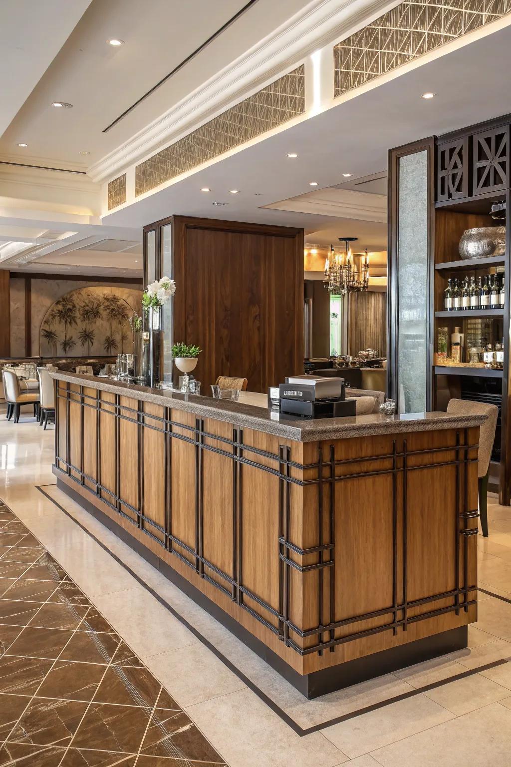 A blend of styles creates an adaptable and timeless reception station.