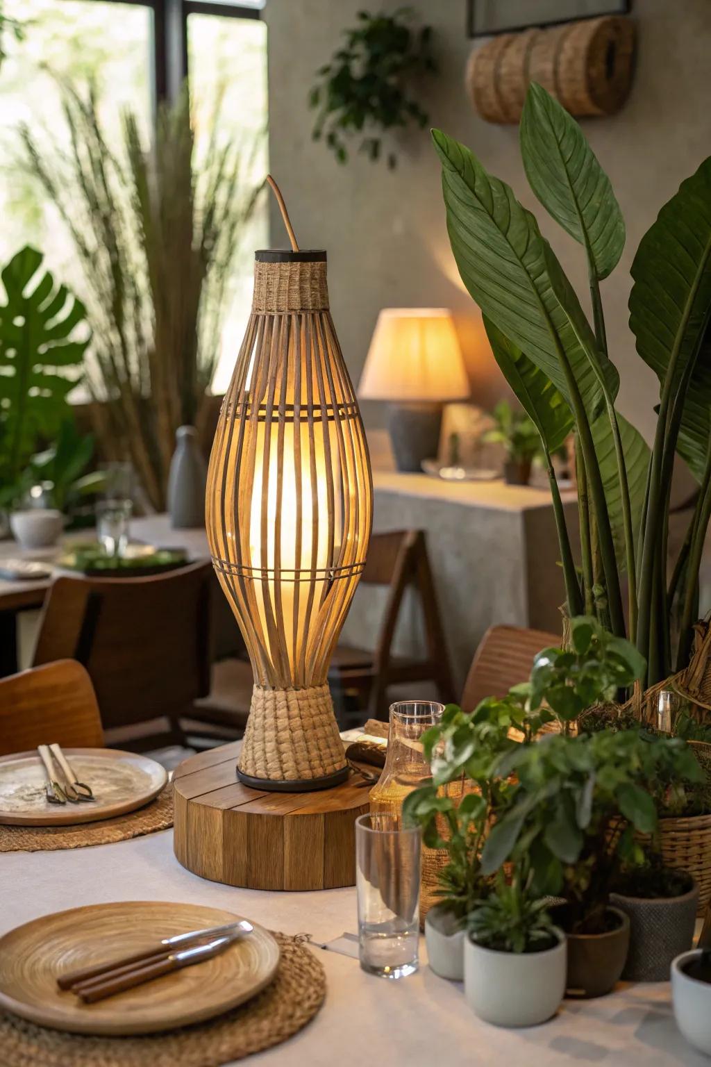Bamboo table lamp on a restaurant table with organic decor elements.