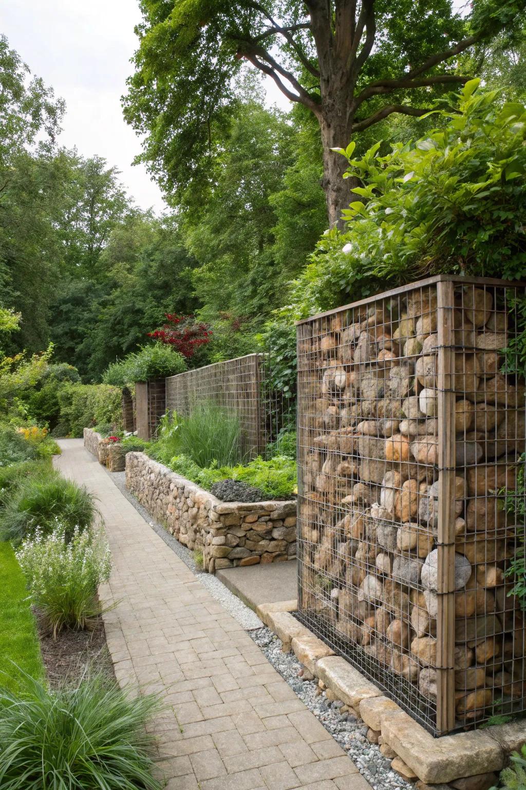 Earthy gabion structures adding personality to a garden.