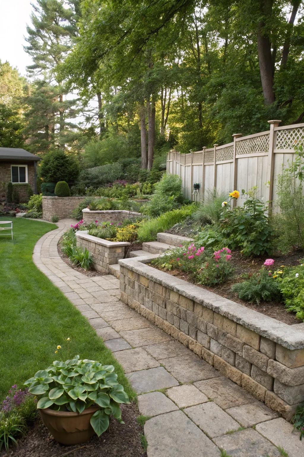Retaining walls creating clear and elegant borders in a backyard garden.