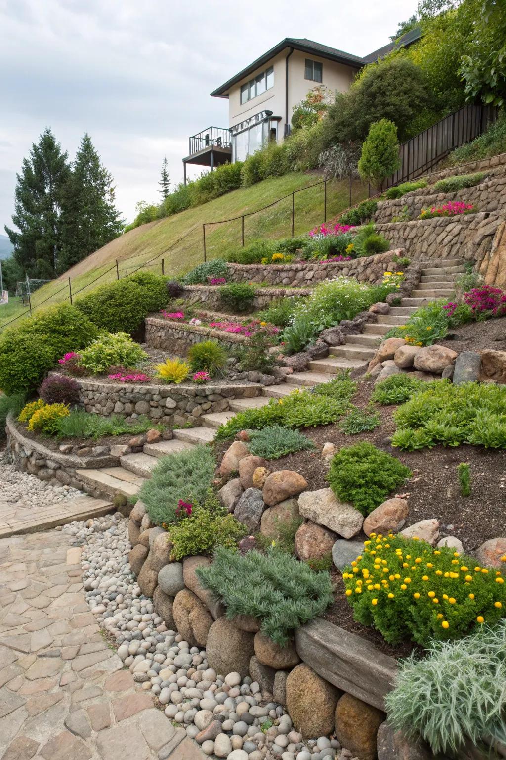 Enhance sloped gardens with terraced pebble designs.