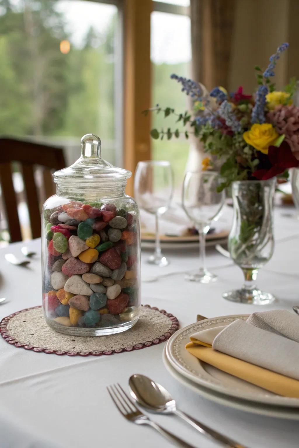 Stones within a vessel, as an elegant centerpiece