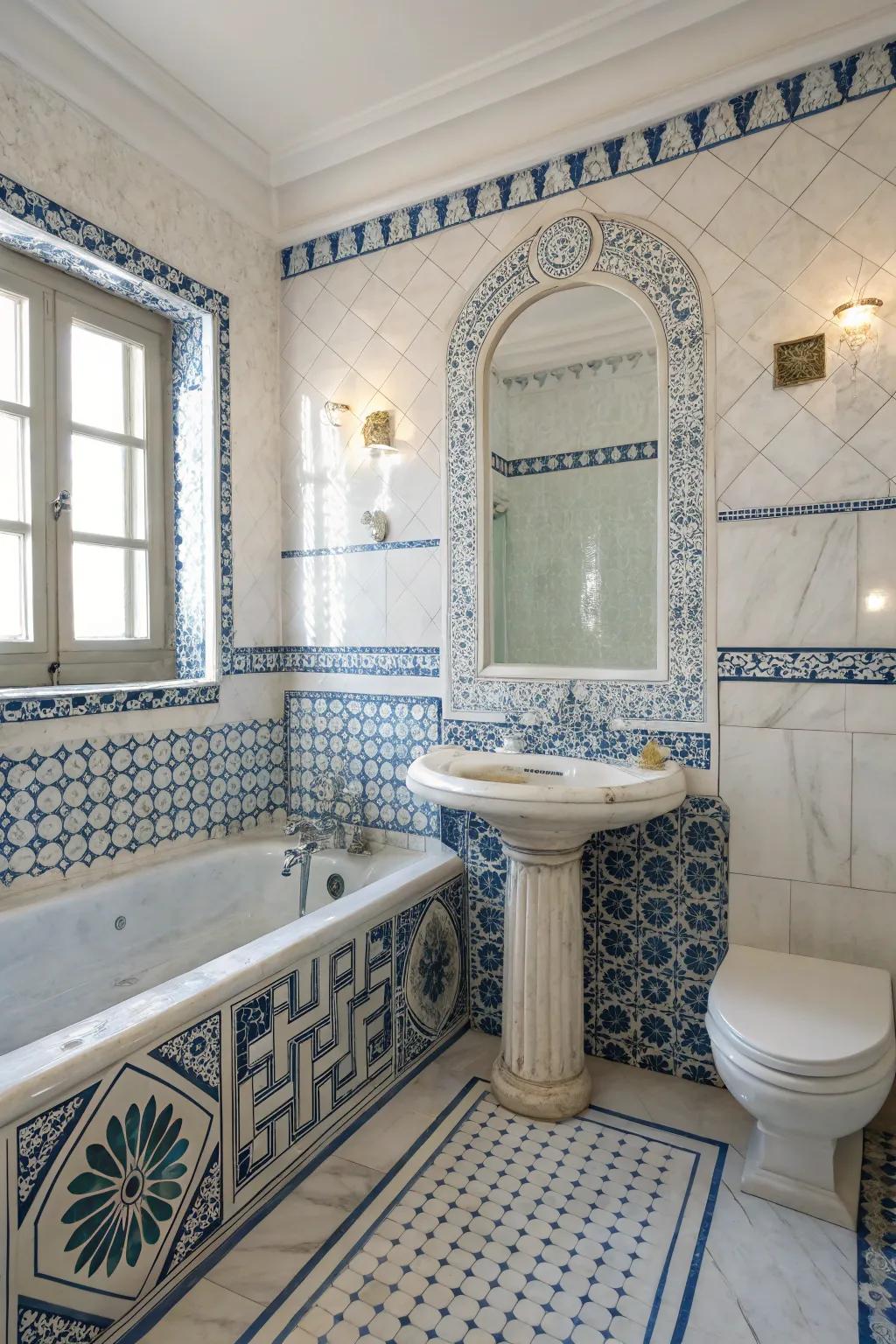 Differing tiles create a strong statement in this elegant bathroom.