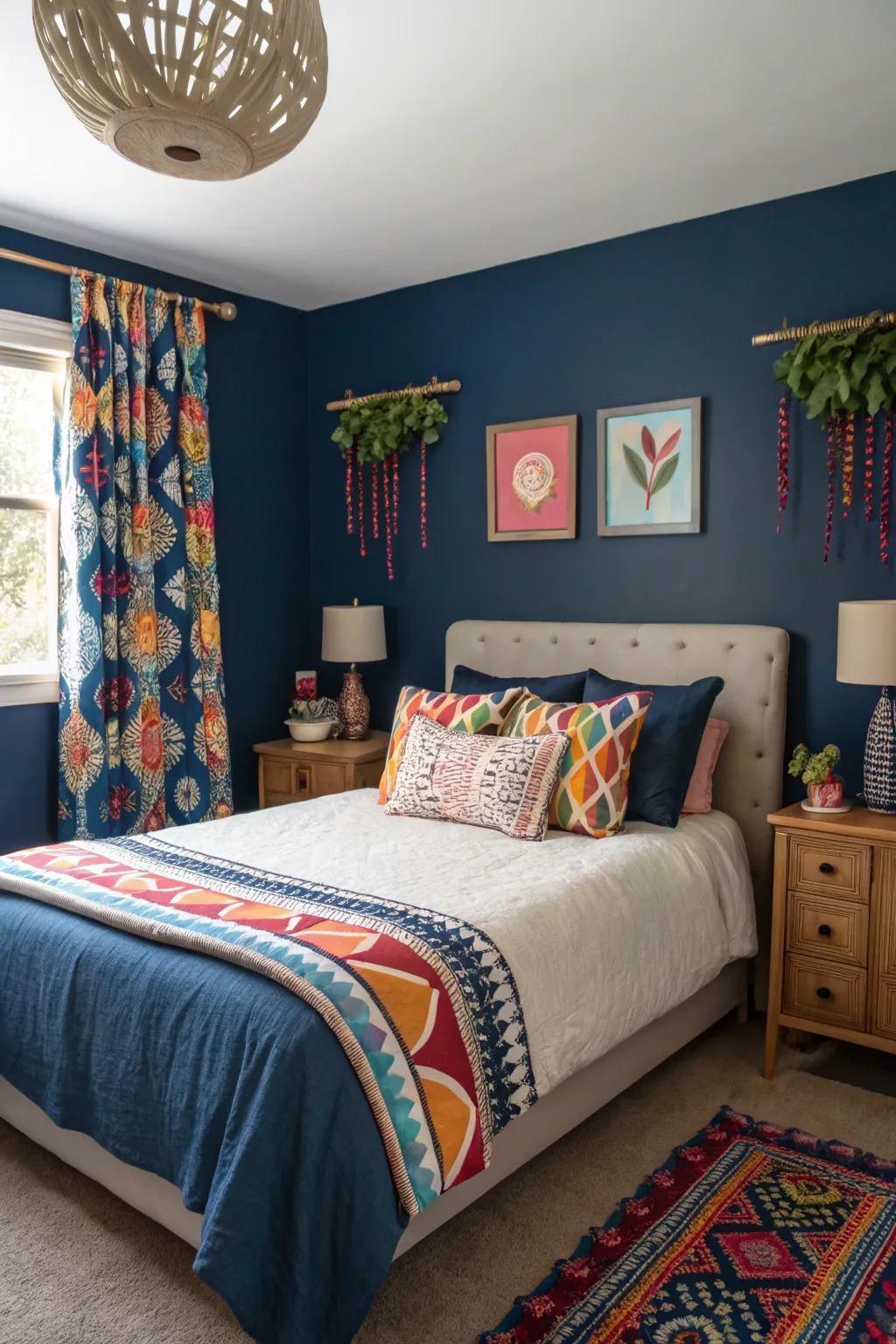 Bright details include a lively touch to the serene deep blue background.