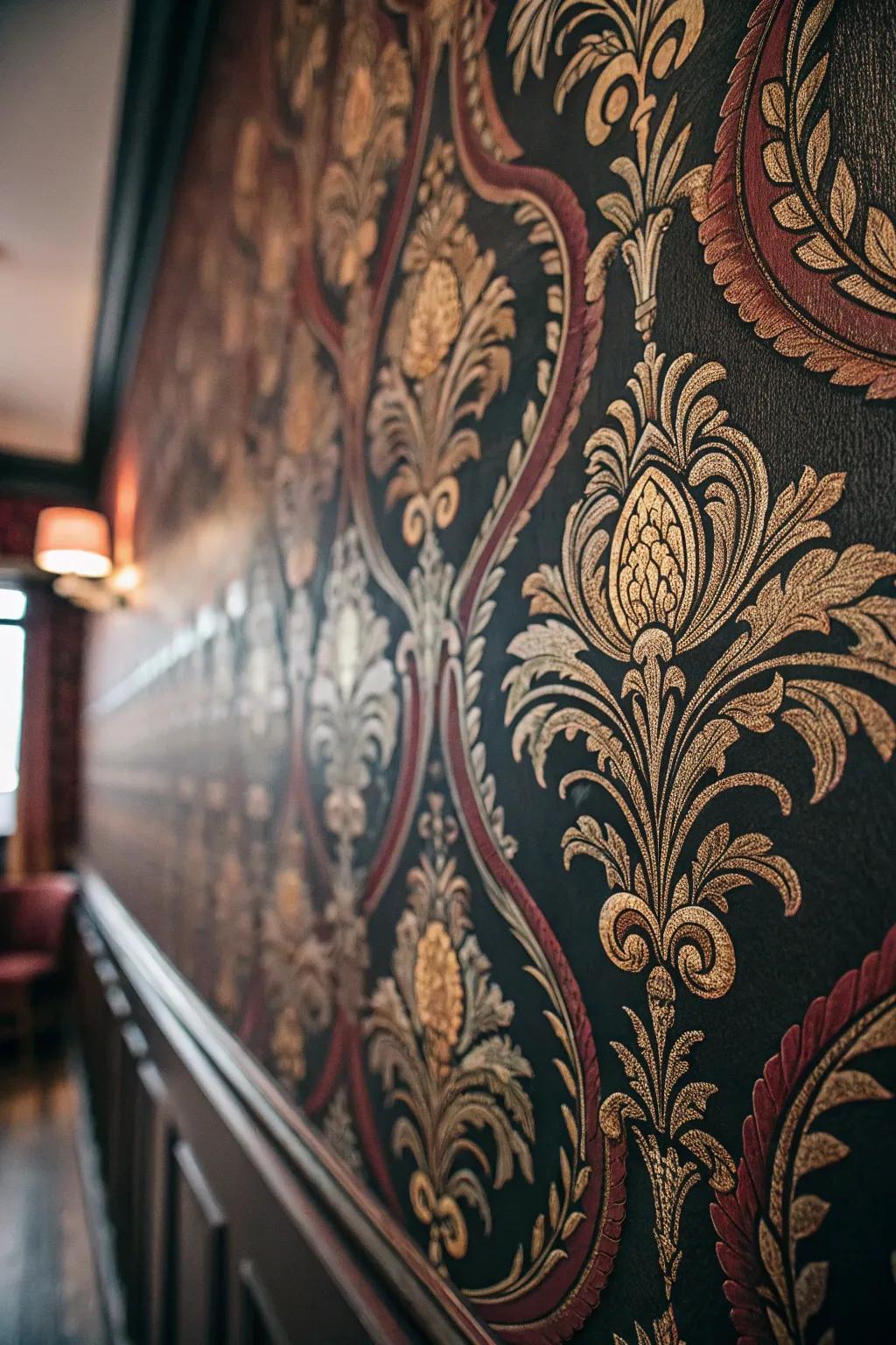 Ornate wallpapers inject depth and Victorian charm to the boudoir décor.
