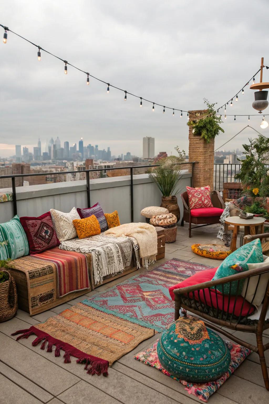 Comfortable and colorful rooftop decor.