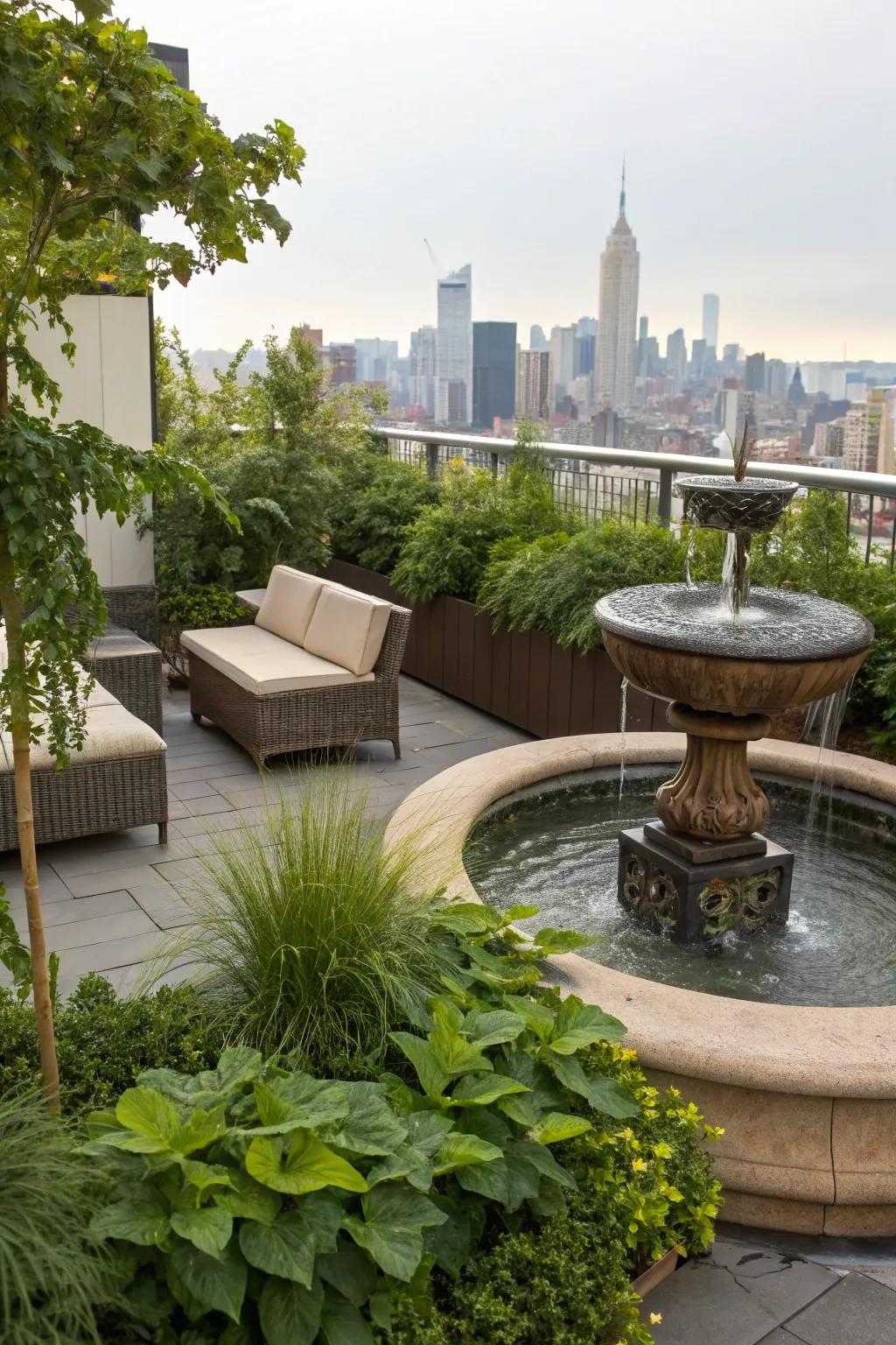 Aquatic elements introduce a tranquil aspect to your rooftop.