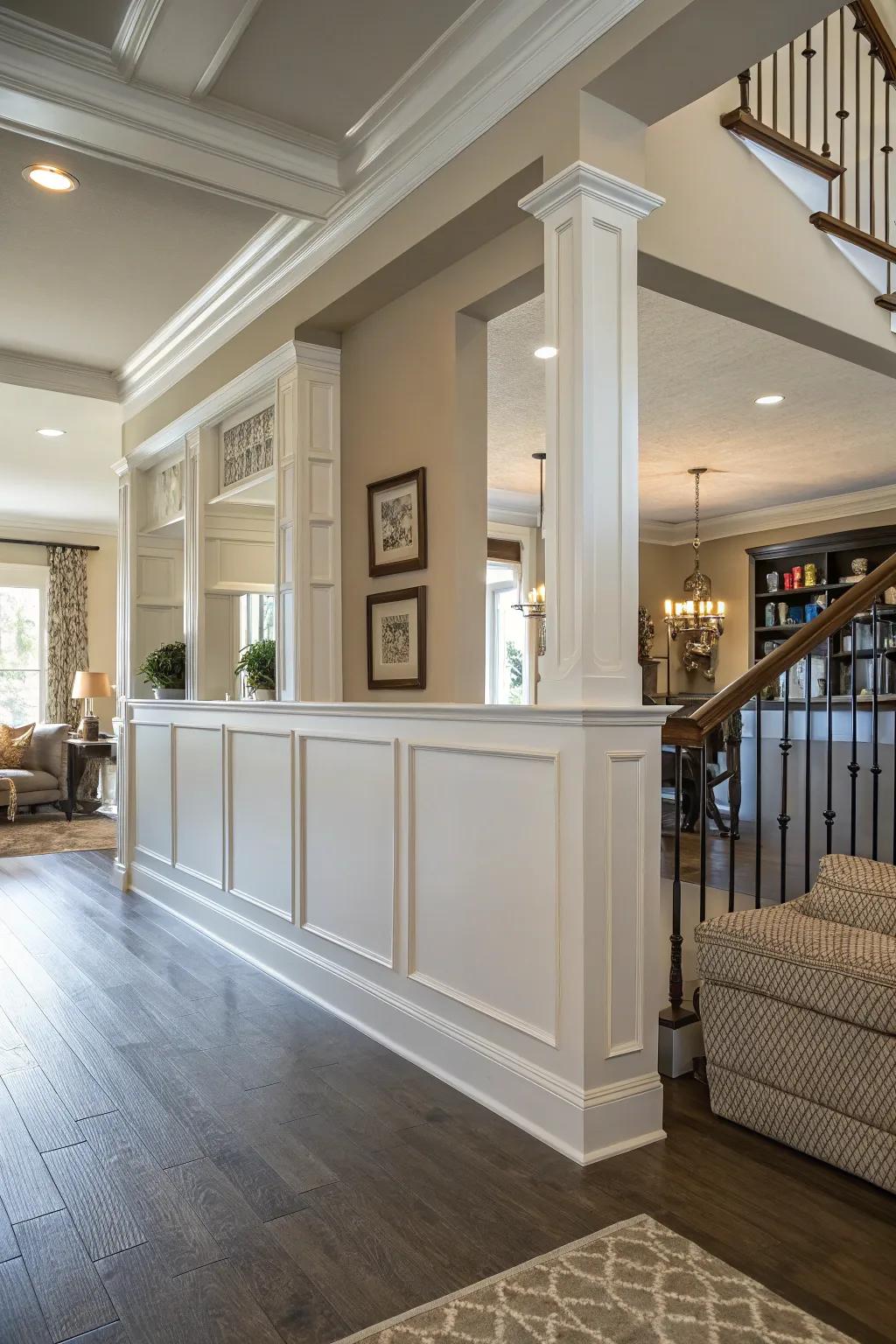An interior space featuring a half wall of varying heights, adding visual depth.