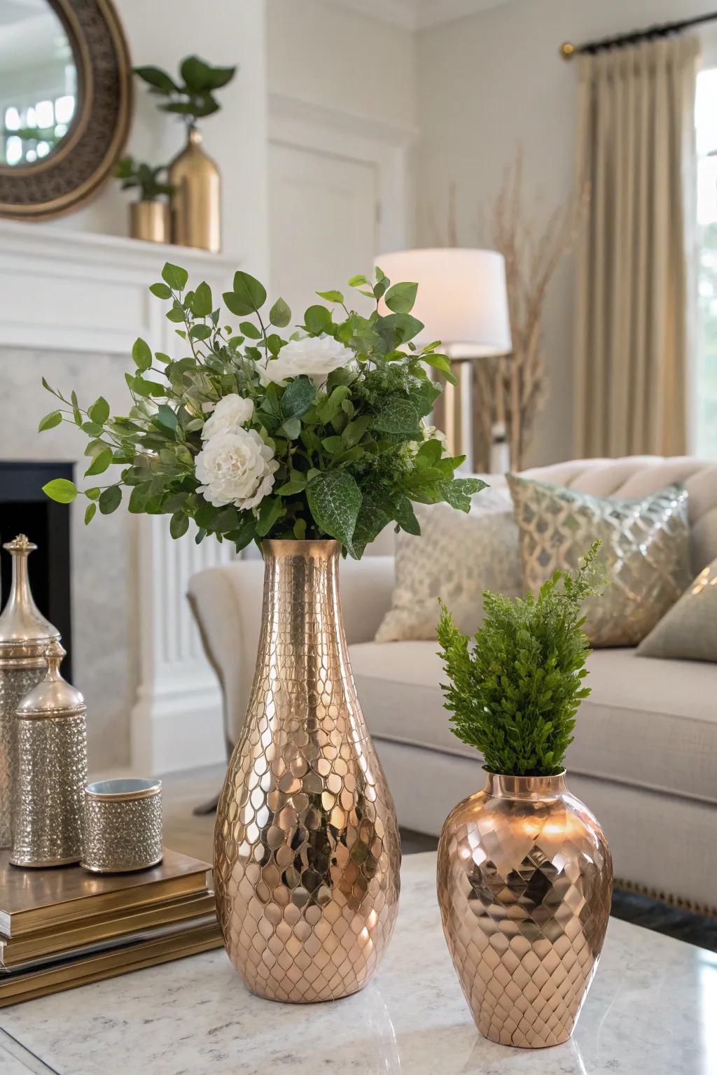 Stylish sunset sheen vases filled with vegetation add a natural element.