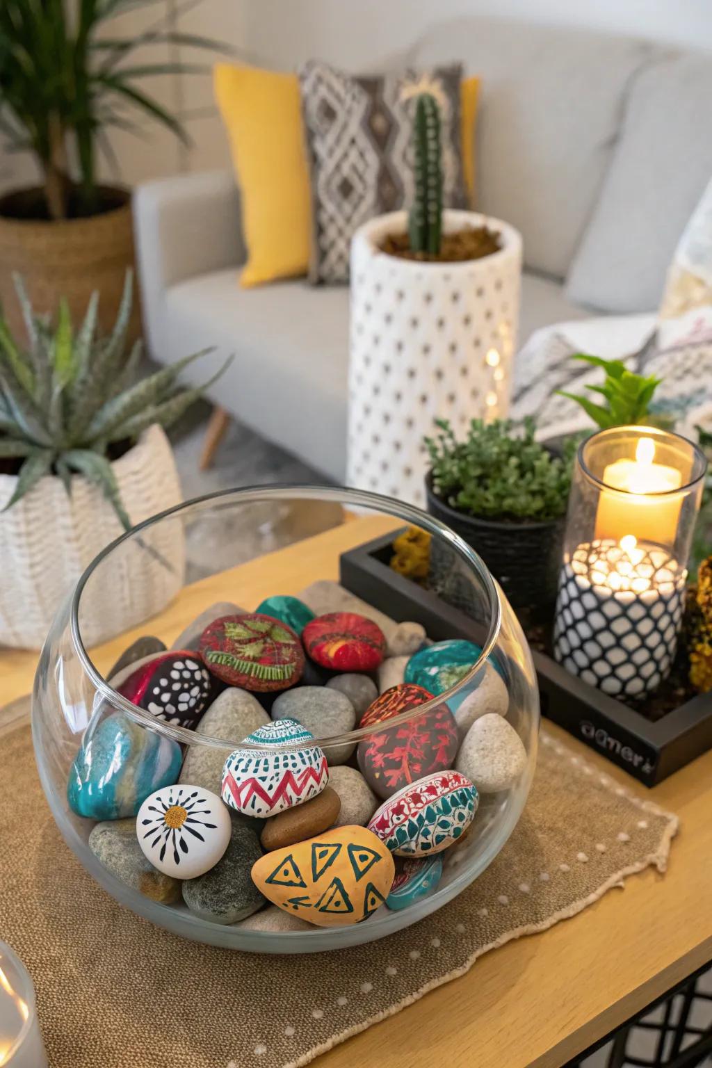 Hand-painted stones in a glass bowl develop a colorful and creative display.