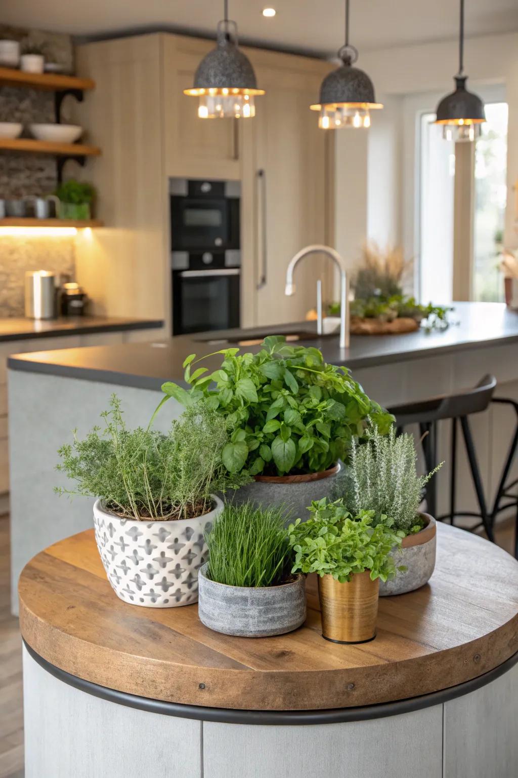 Greenery introduces a revitalizing touch to a circular kitchen island.