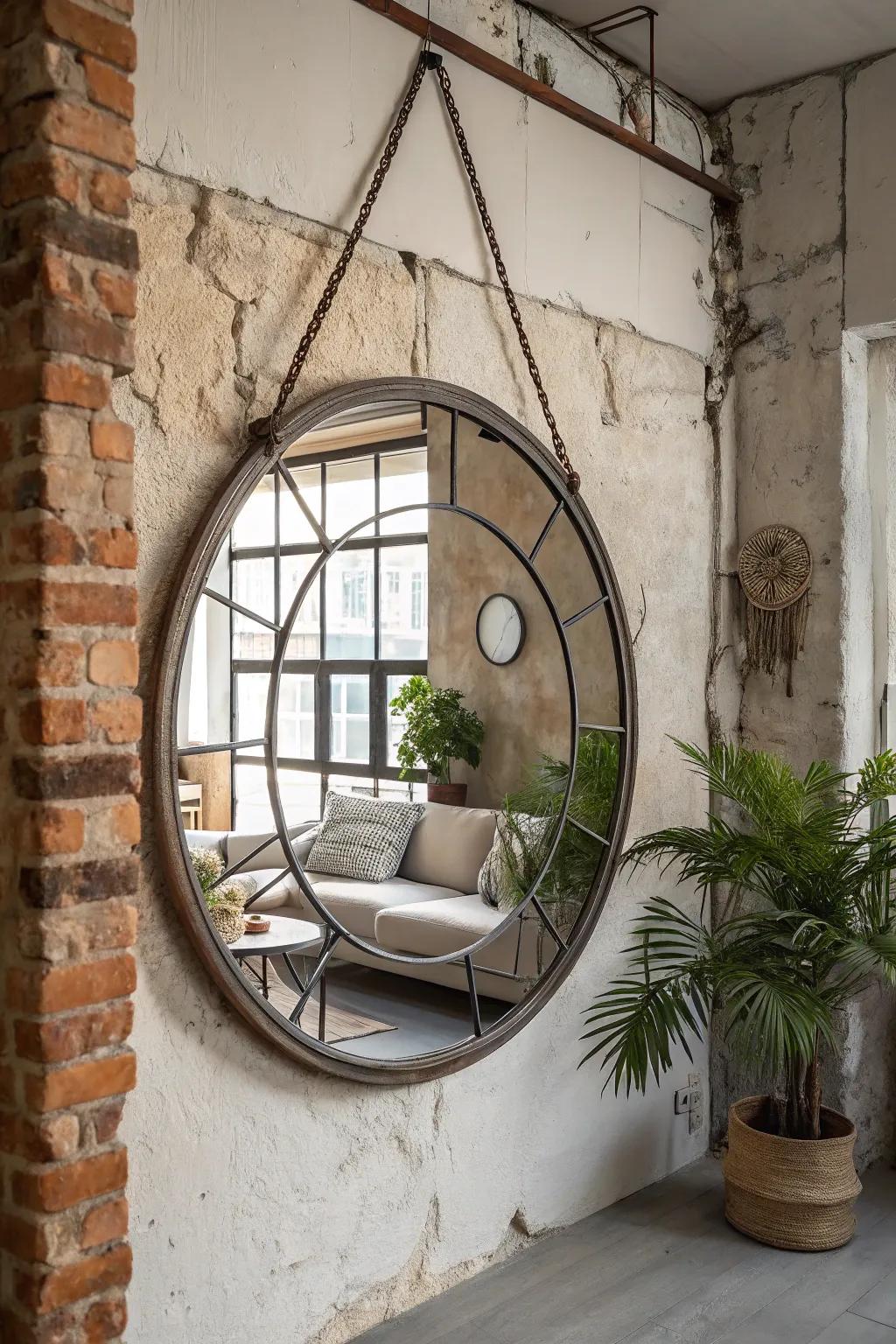 Metal-framed circular mirror adding a modern edge to an industrial-themed living room.