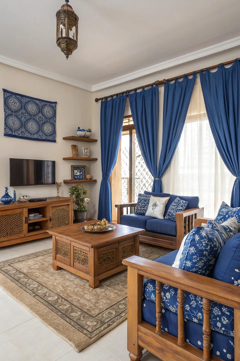 Natural wood elements soften and complement the regal tones of sapphire.