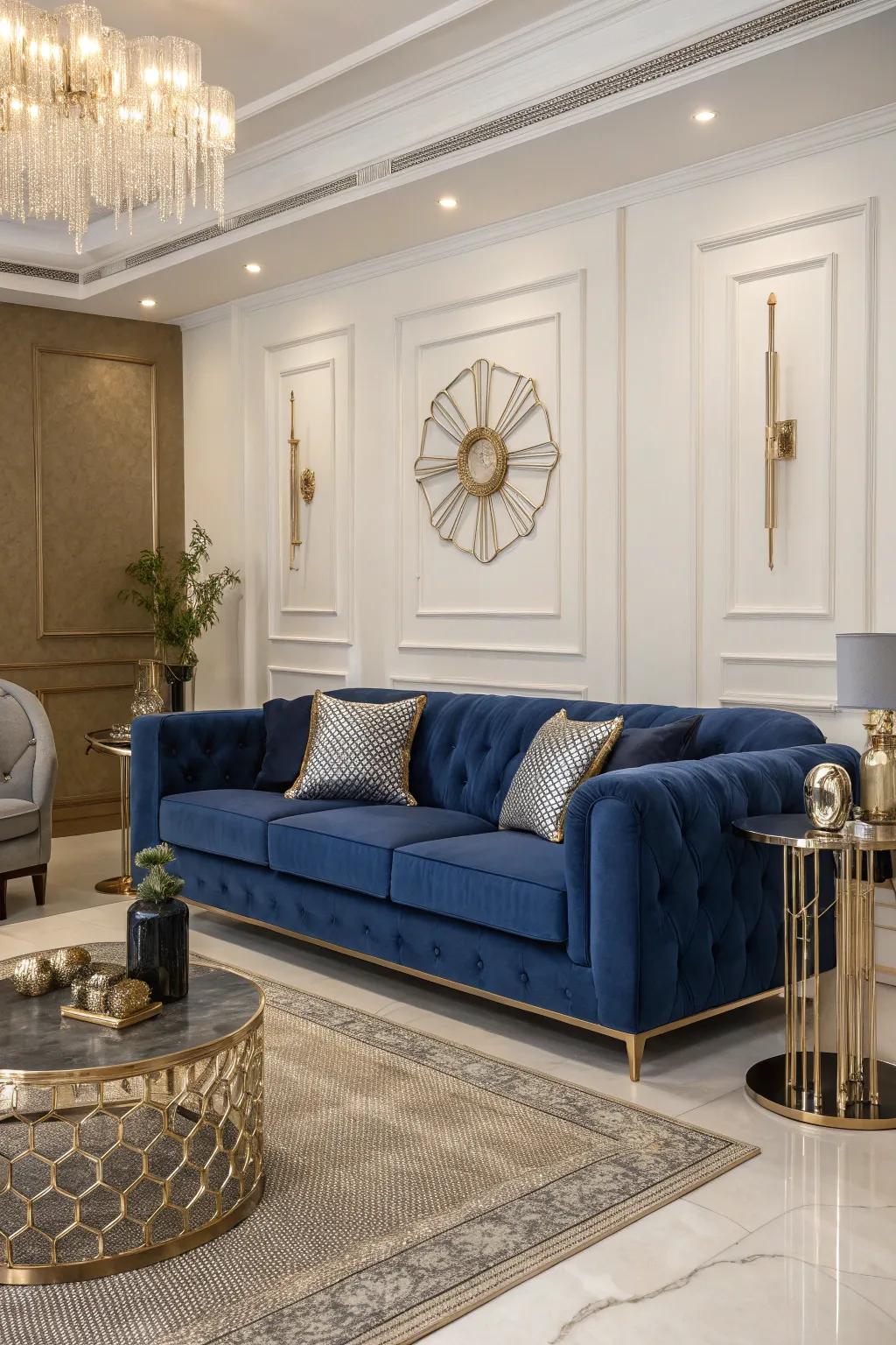 Shiny details introduce a modern edge to the sapphire-colored couch's traditional allure.