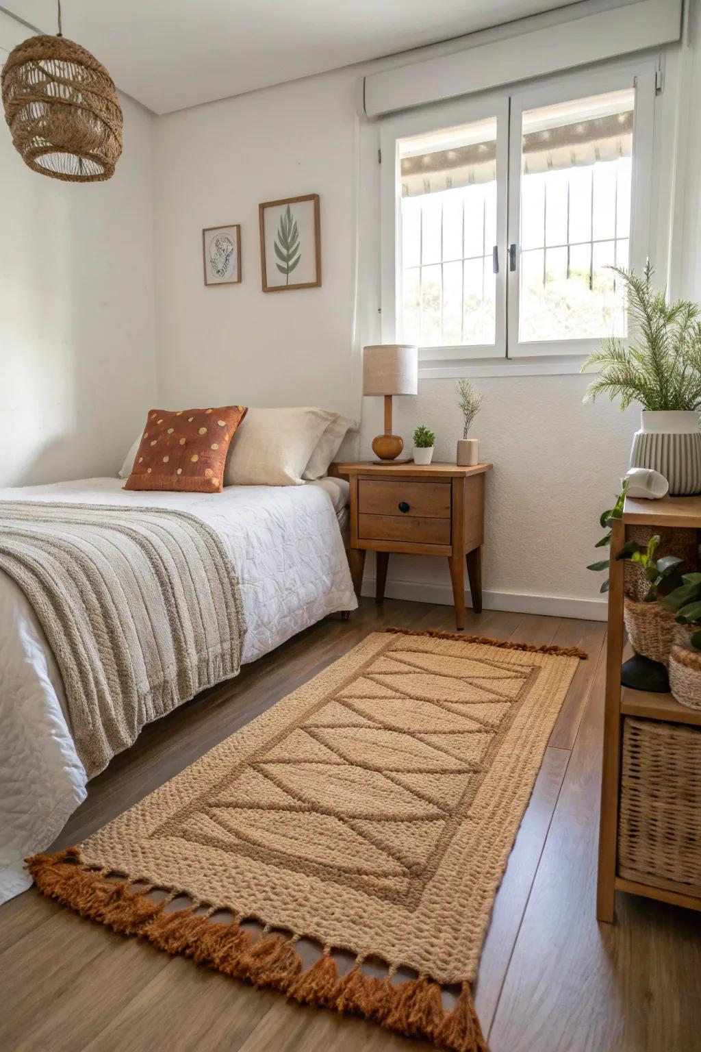 Opt for rugs that match your bedroom's size to ensure perfect equilibrium.