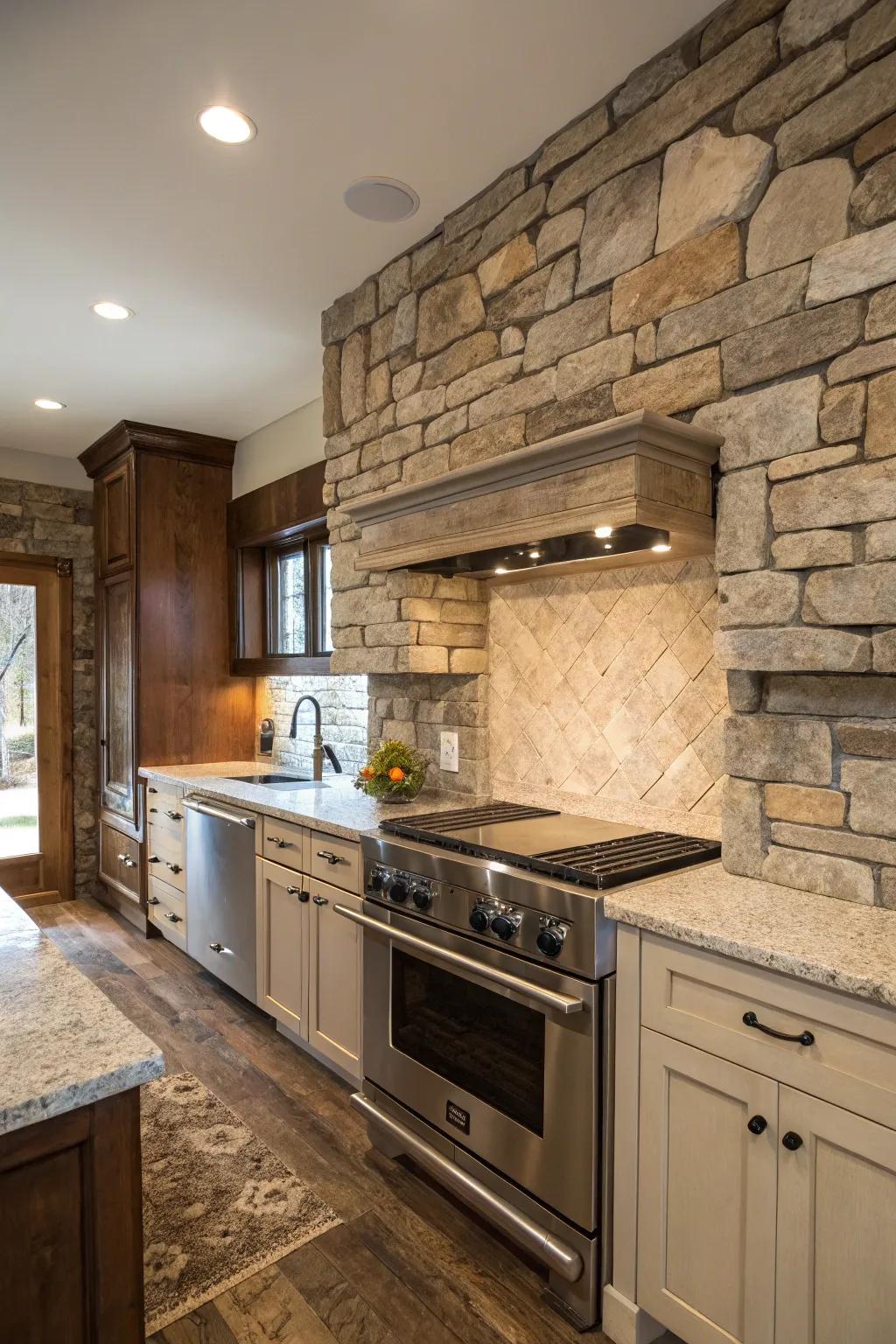 The combination of rustic and modern aspects creates a harmonious kitchen aesthetic.