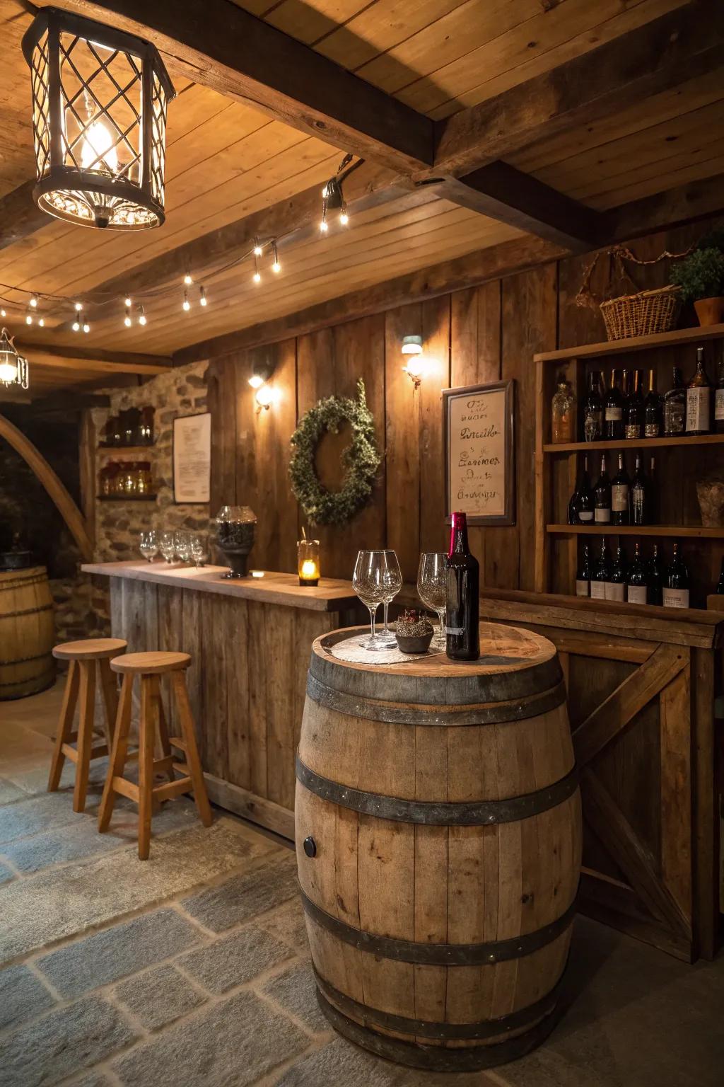 A cask repurposed into a charming counter centerpiece.
